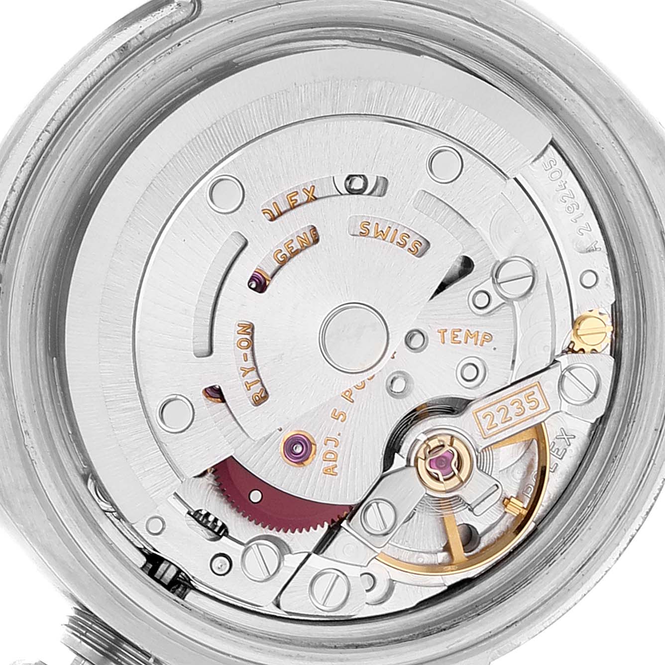 The image shows the movement mechanism of a Rolex Datejust 179160 Women's Stainless Steel Silver Dial 179160 Women's Stainless Steel Silver Dial watch from a close-up view.