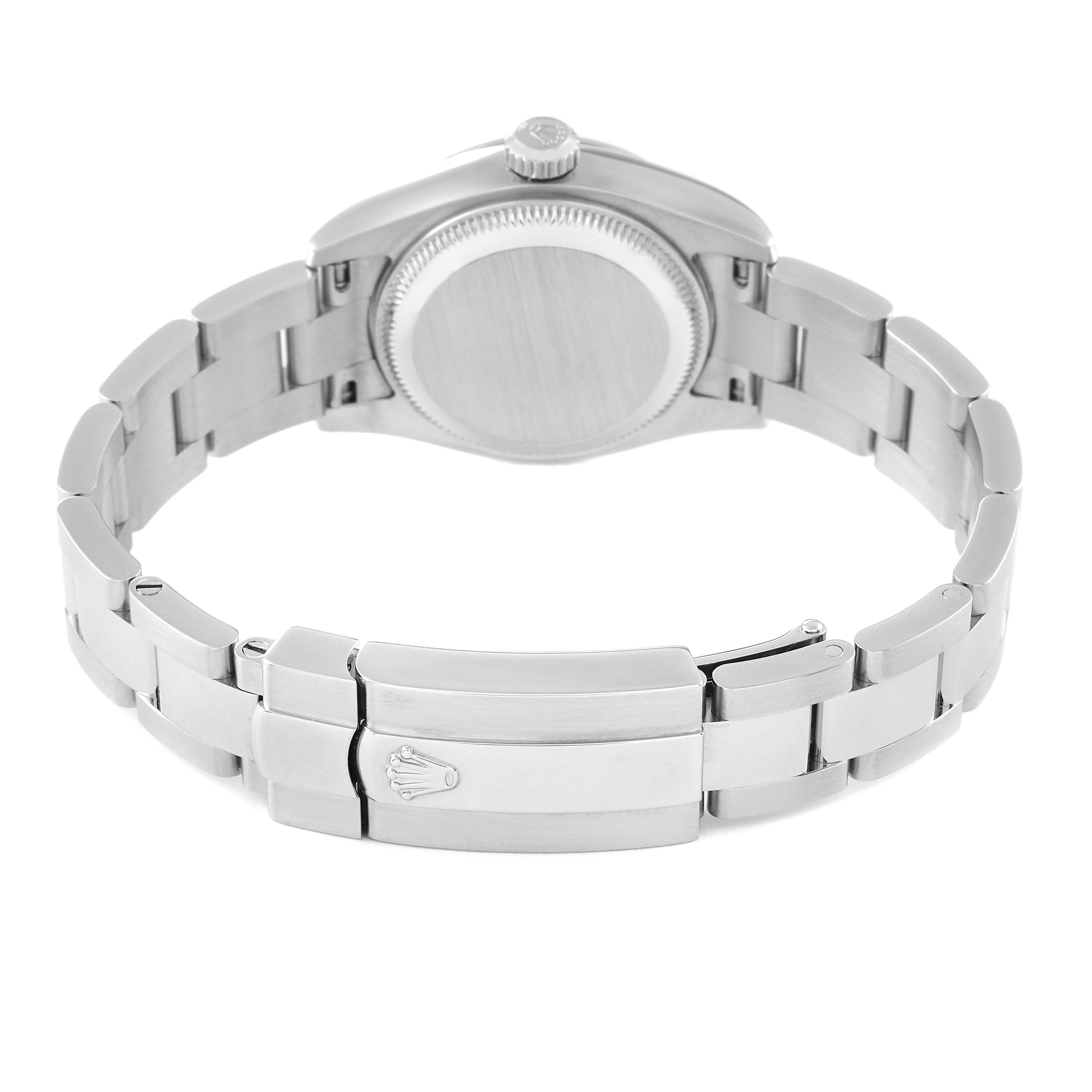 The image shows the back view of a Rolex Datejust 179160 Women's Stainless Steel Silver Dial 179160 Women's Stainless Steel Silver Dial watch, highlighting its stainless steel bracelet and clasp.