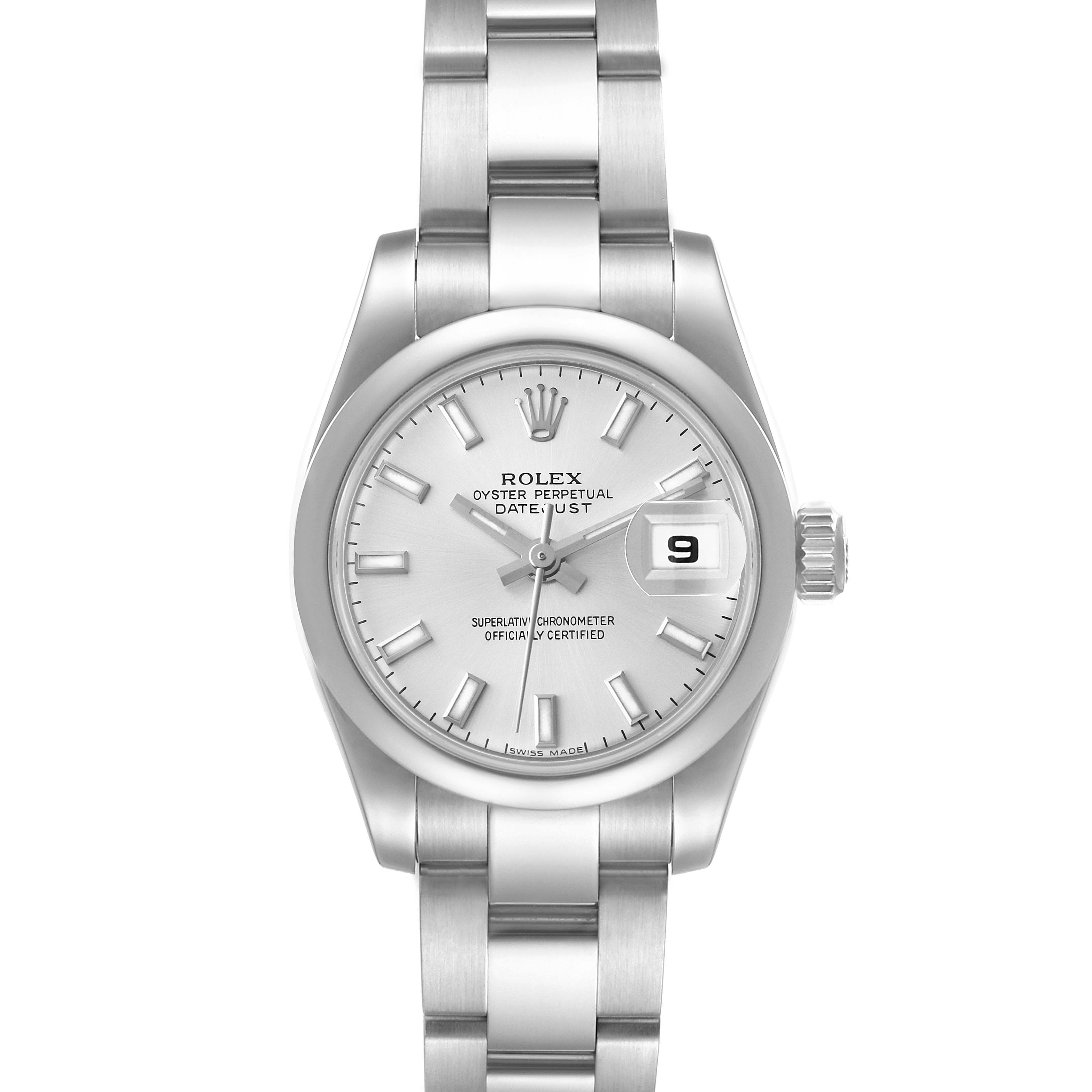 The image shows a front view of a Rolex Datejust 179160 Women's Stainless Steel Silver Dial 179160 Women's Stainless Steel Silver Dial watch, displaying the dial, bezel, and bracelet.