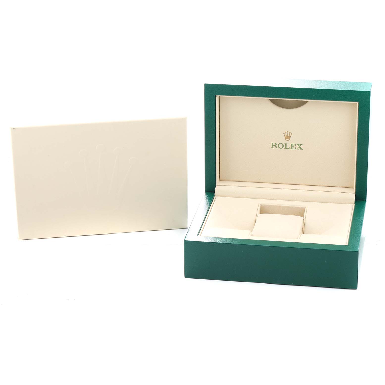 The image shows an open green and beige Rolex box for a Datejust watch, viewed from the front, with a matching outer box beside it.