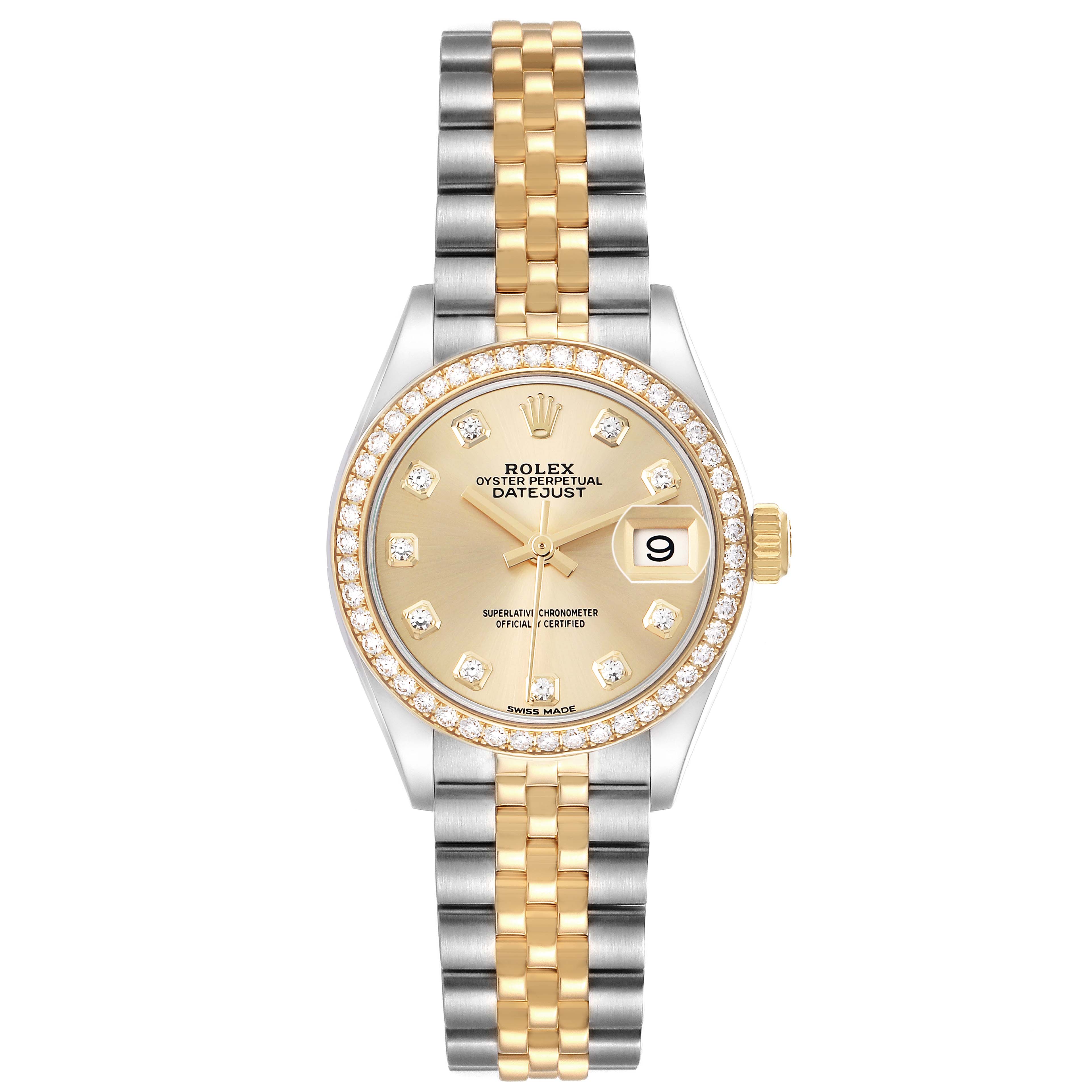 The Rolex Datejust 279383 Women
s Steel and Gold (two tone) Champagne Dial watch is shown from a top-down angle, displaying the dial, bezel, bracelet, and crown.