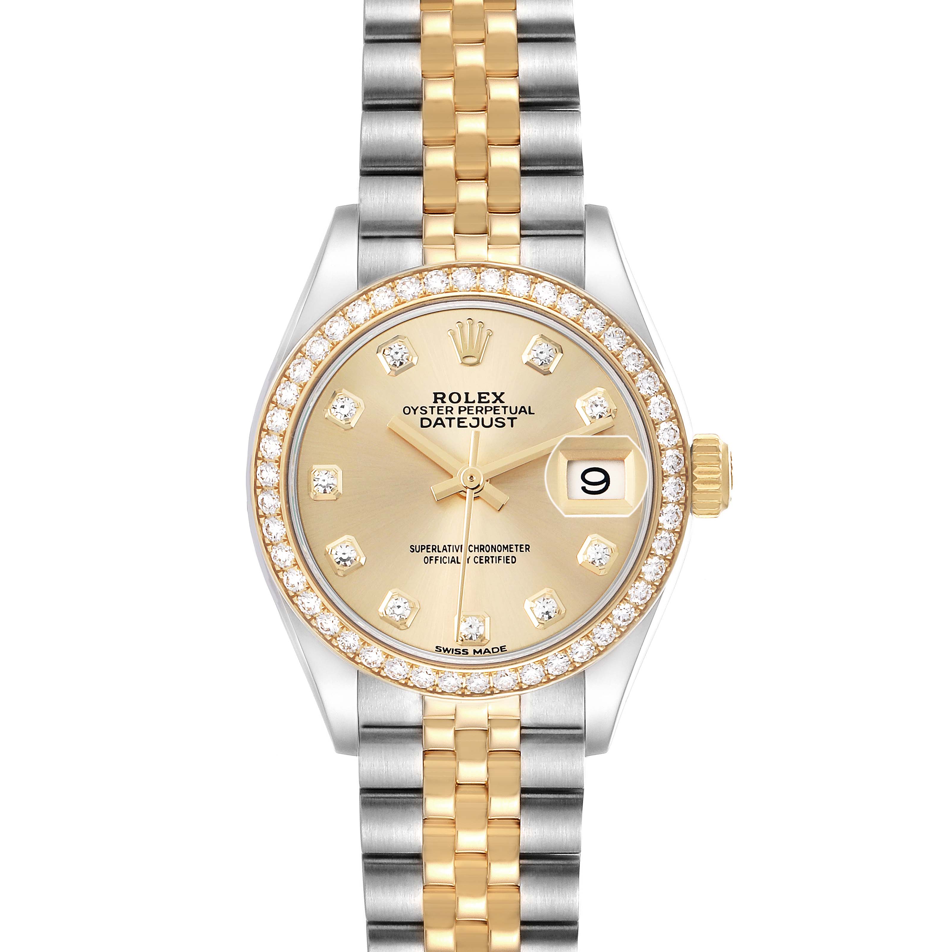 The Rolex Datejust 279383 Women
s Steel and Gold (two tone) Champagne Dial watch is shown from the front, highlighting its dial, bezel, and two-tone bracelet.