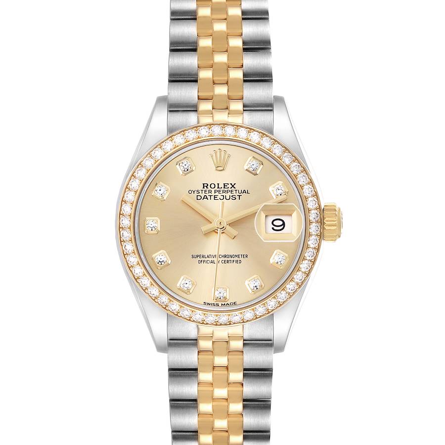 The Rolex Datejust 279383 Women's Steel and Gold (two tone) Champagne Dial watch is shown from the front, highlighting its dial, bezel, and two-tone bracelet.