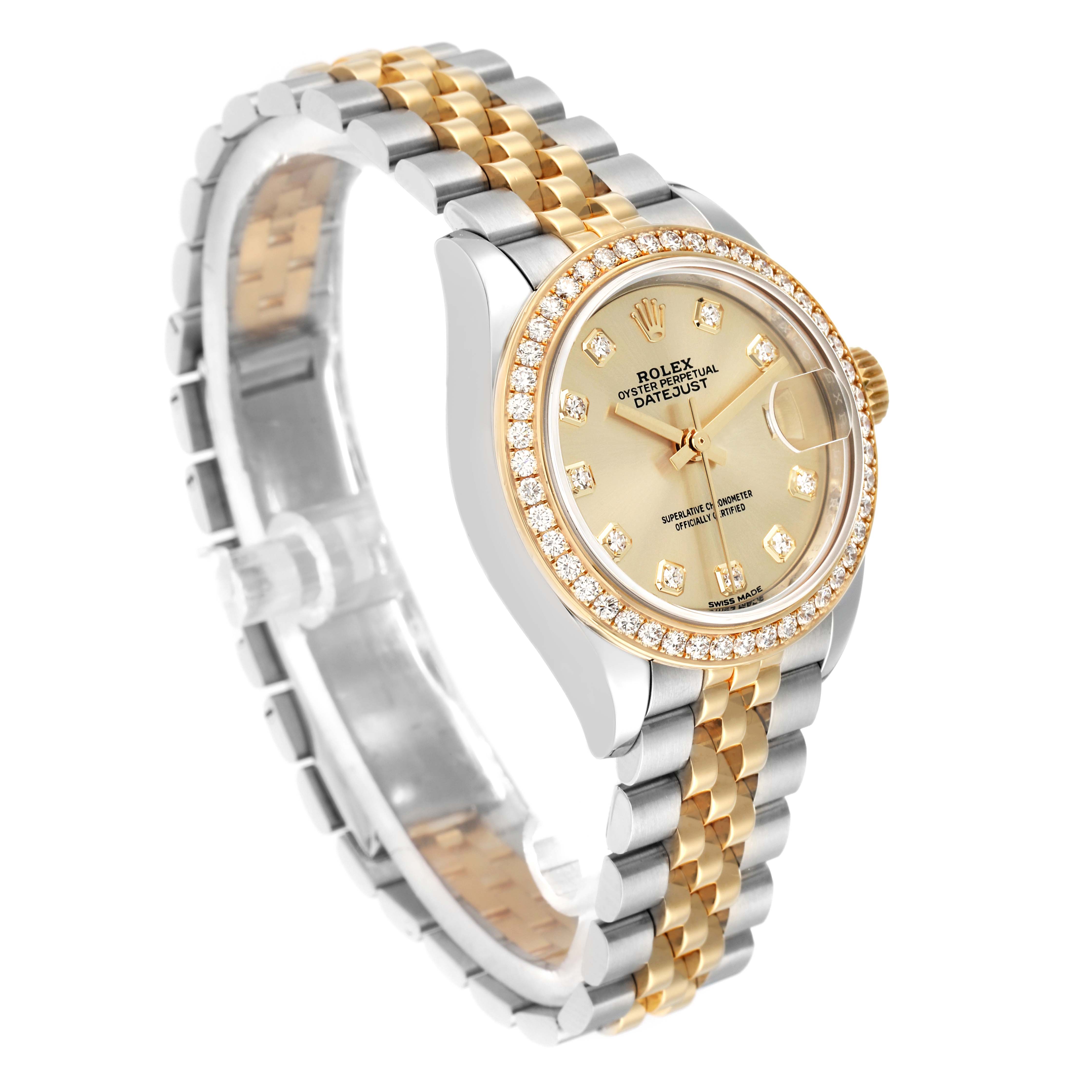 The Rolex Datejust 279383 Women
s Steel and Gold (two tone) Champagne Dial watch is shown at a side angle, highlighting the two-tone bracelet, diamond bezel, and dial details.