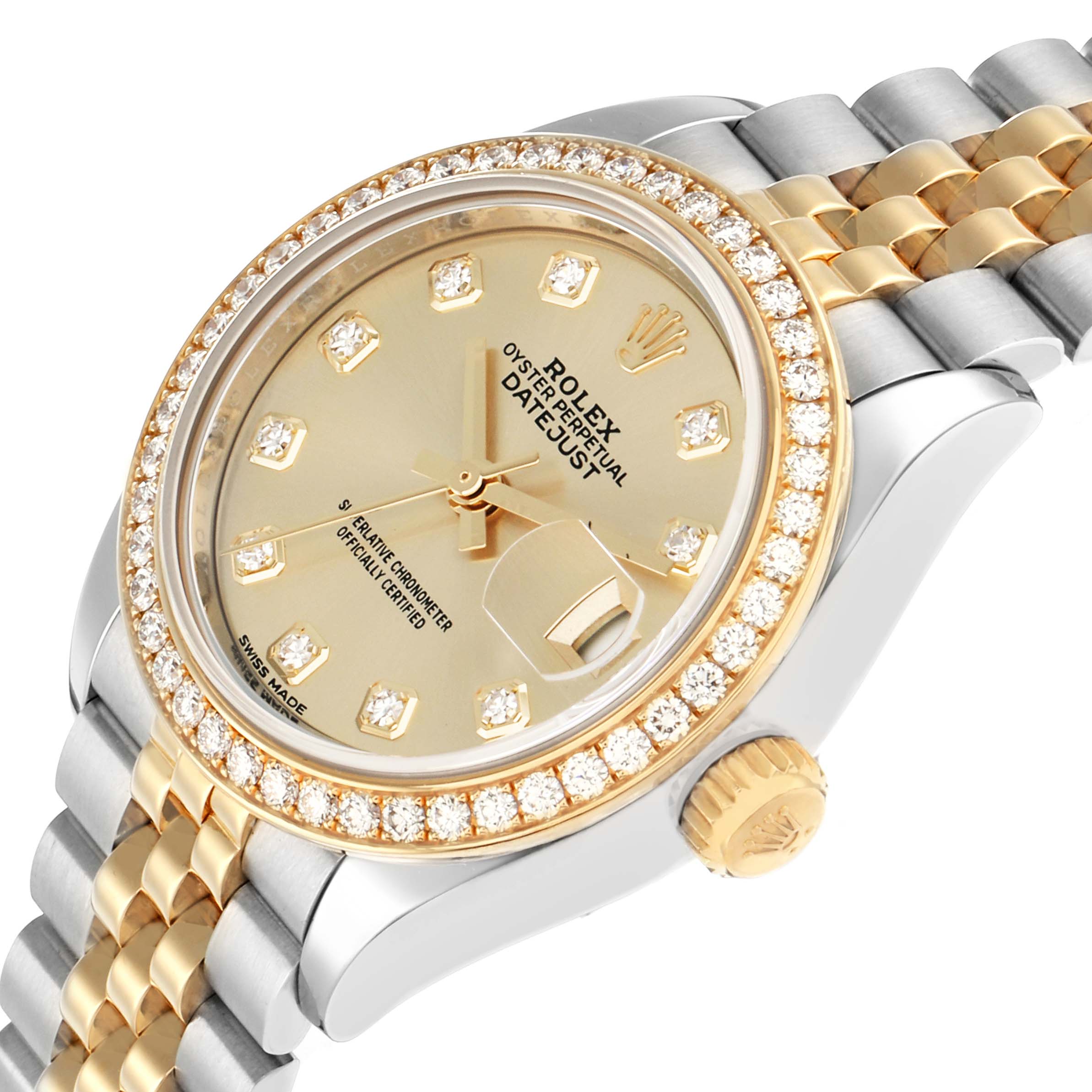 The Rolex Datejust 279383 Women
s Steel and Gold (two tone) Champagne Dial watch is shown at a slight angle, highlighting the diamond-studded bezel, champagne dial, and jubilee bracelet.