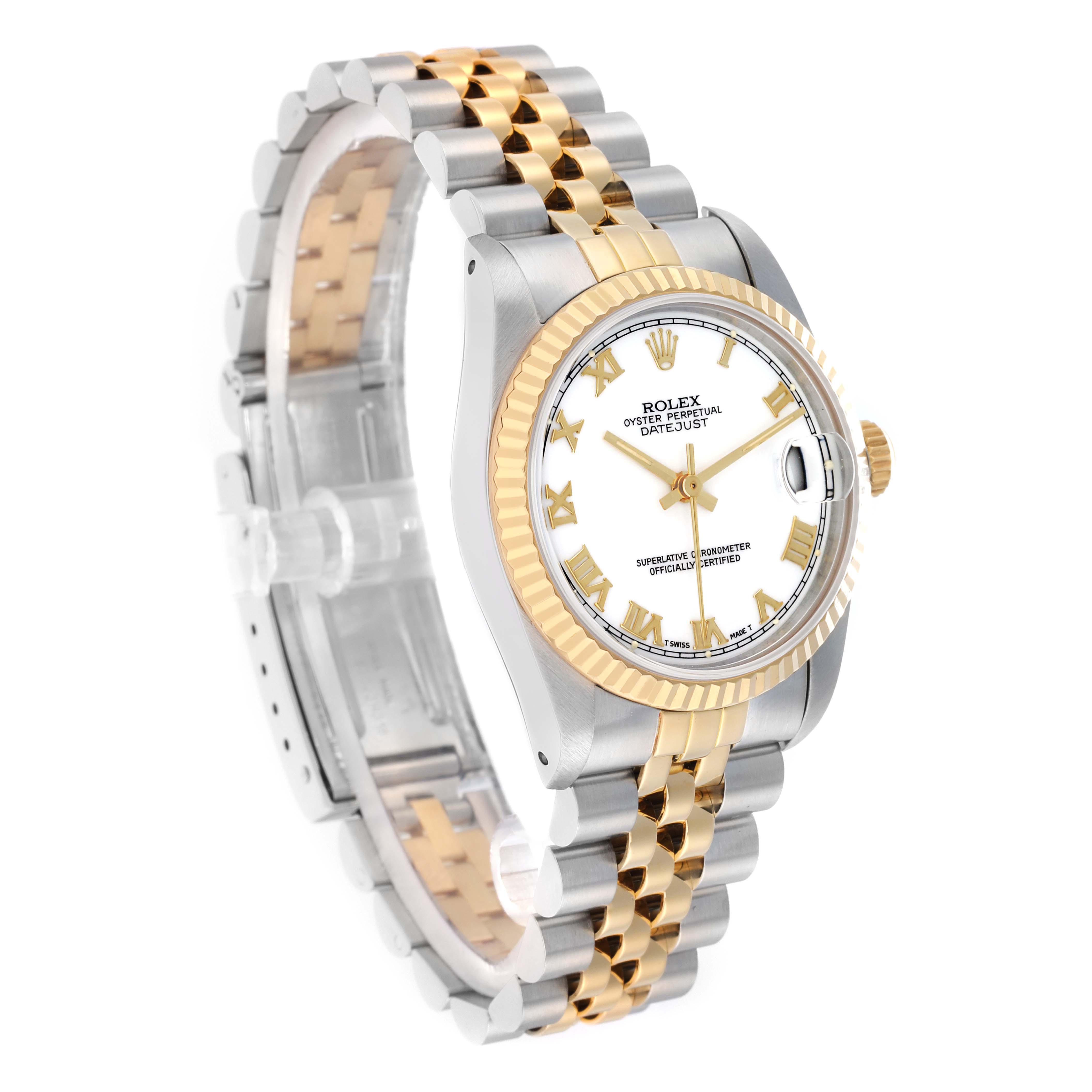 The Rolex Mid-Size 68273 Women
s Steel and Gold (two tone) White Dial model is shown at a three-quarter angle, highlighting the gold and silver bracelet, fluted bezel, and white dial.