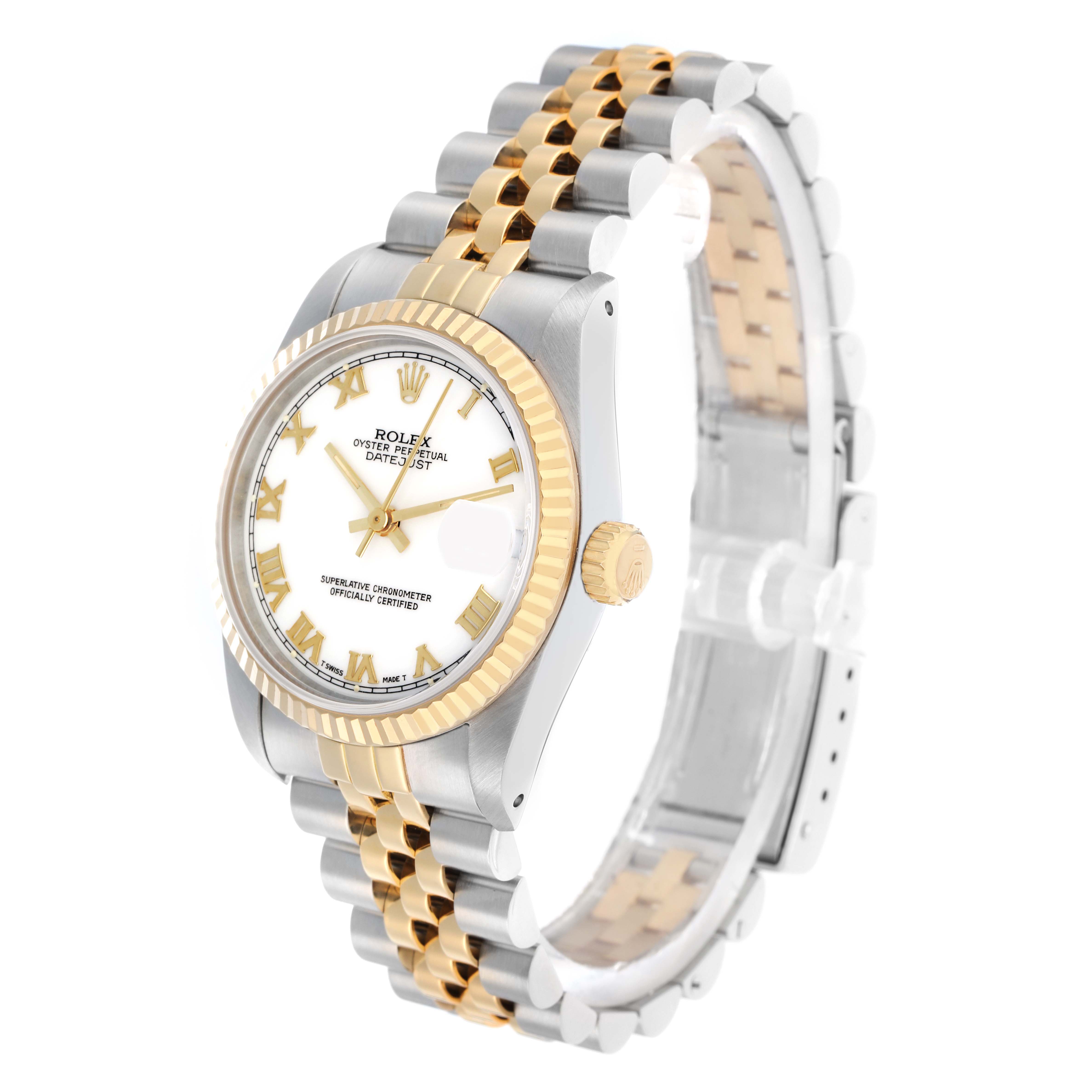 The Rolex Mid-Size 68273 Women
s Steel and Gold (two tone) White Dial model is shown at a three-quarter angle, highlighting the bezel, face, crown, and two-tone bracelet.