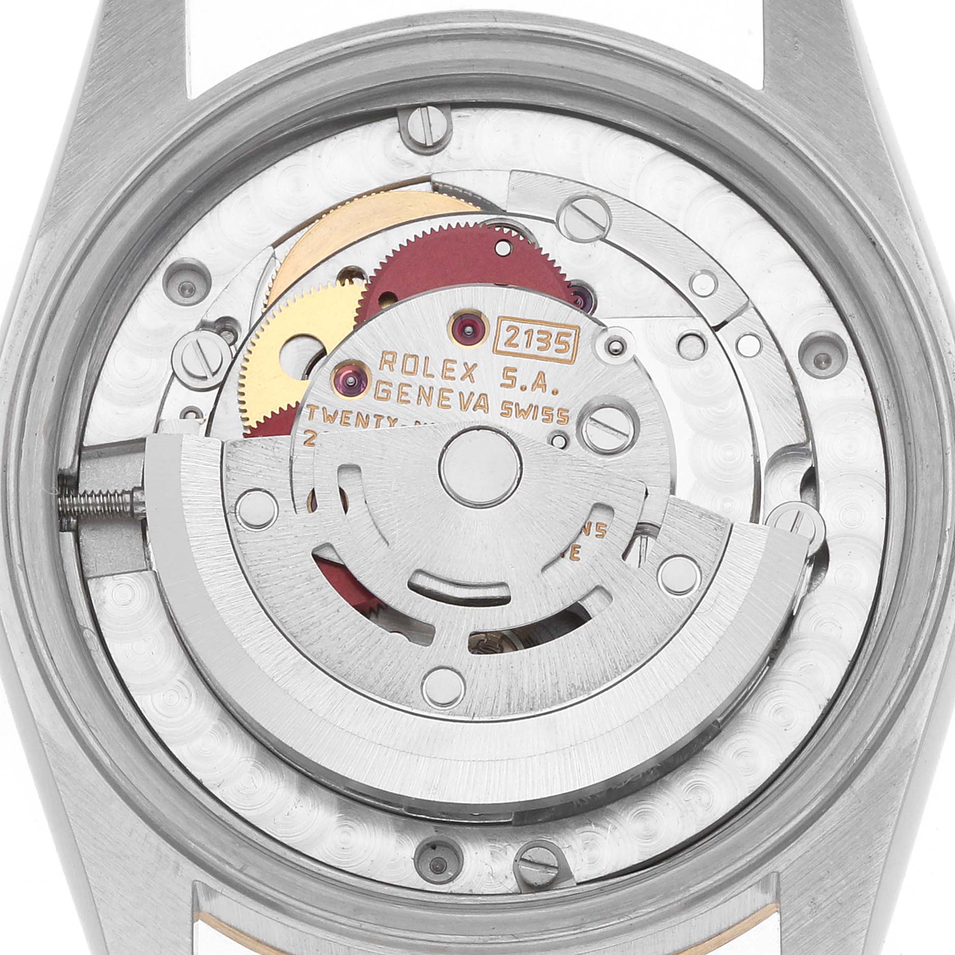 The image shows the back of a Rolex Mid-Size 68273 Women
s Steel and Gold (two tone) White Dial watch, highlighting its intricate movement components.