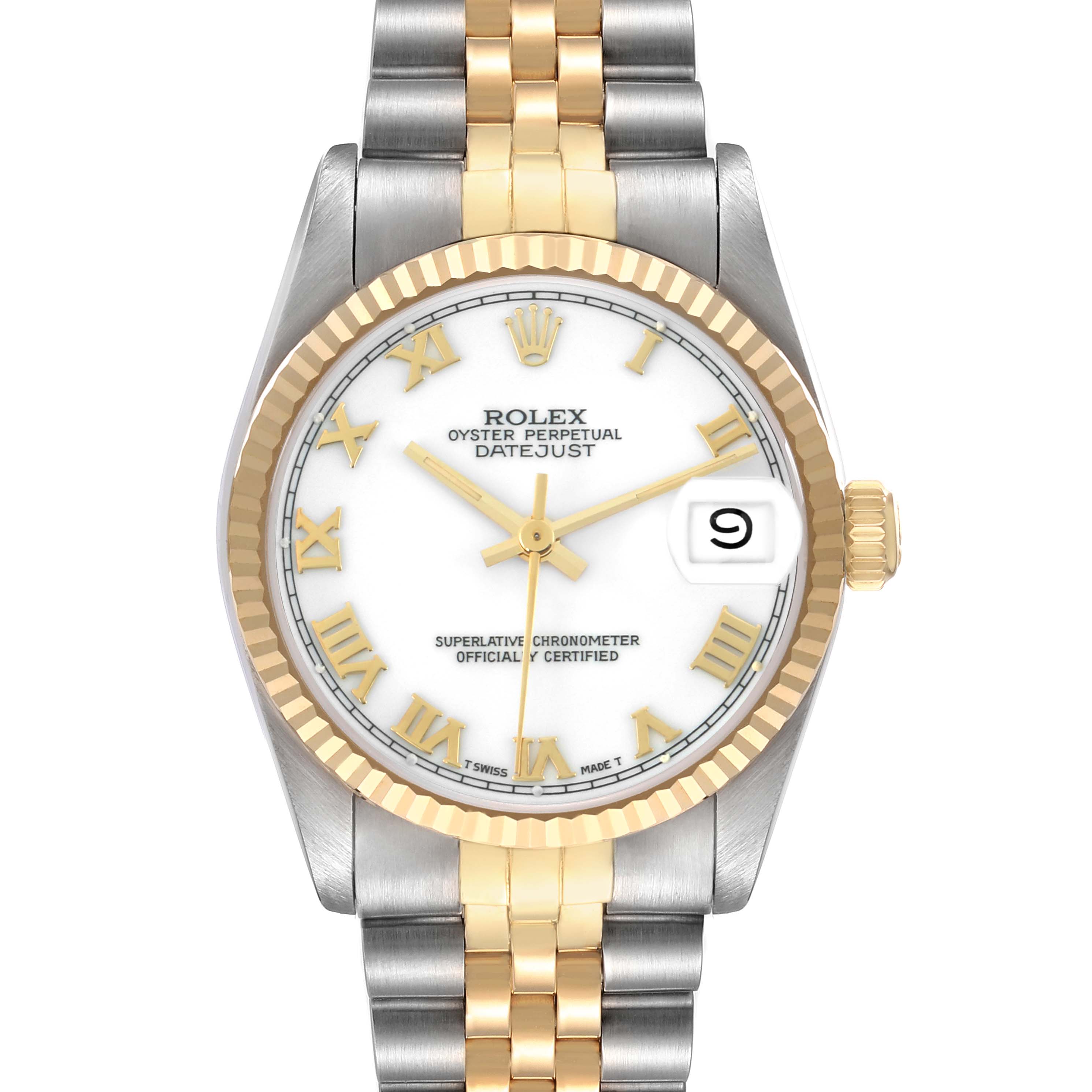 The Rolex Datejust Mid-Size watch is shown from the front, highlighting the dial, bezel, and bracelet.