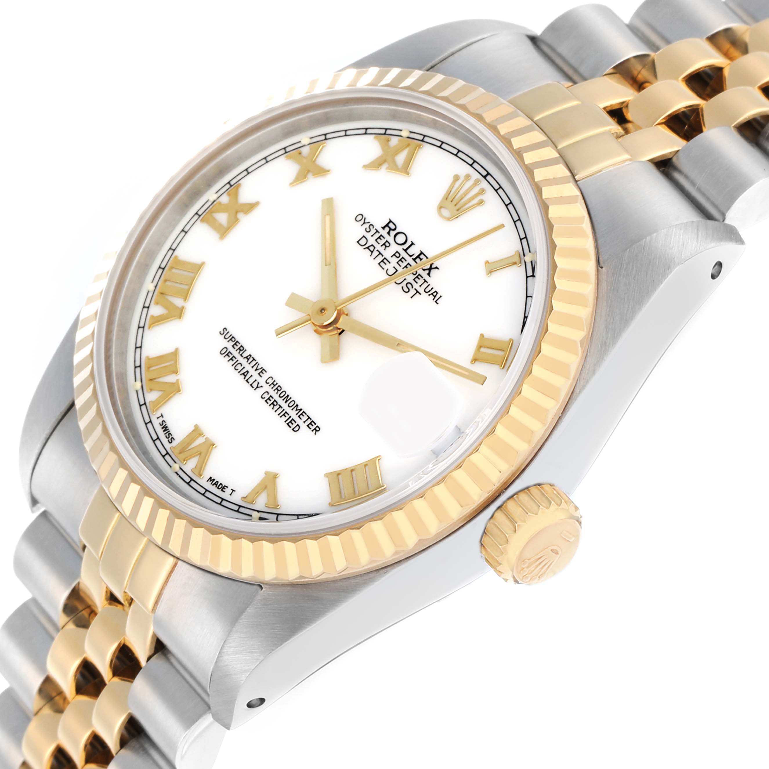 This Rolex Datejust Mid-Size watch is shown at an oblique angle, highlighting its two-tone bezel and bracelet.