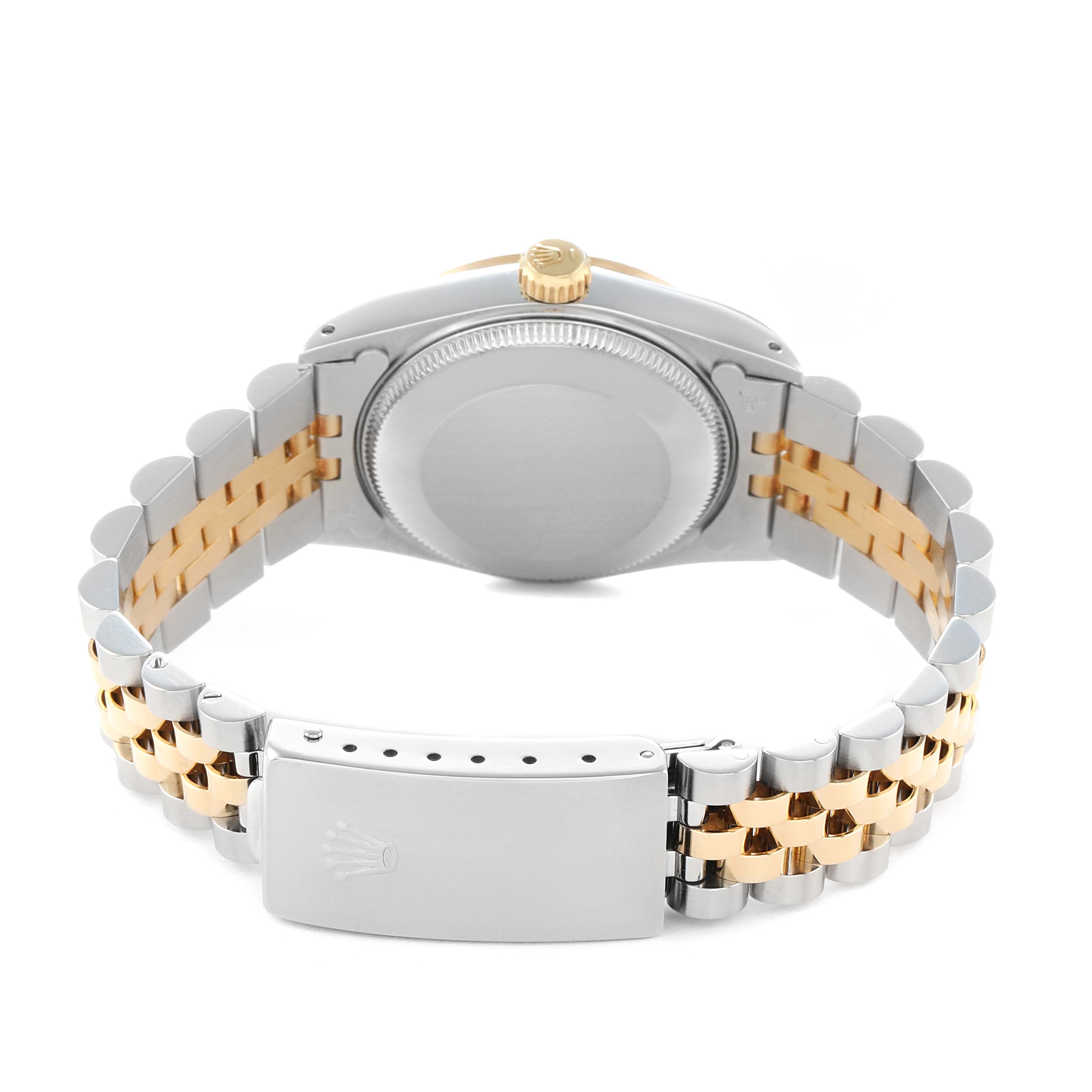 The Rolex Mid-Size 68273 Women
s Steel and Gold (two tone) White Dial model is shown from the back, displaying the clasp and bracelet of the watch.