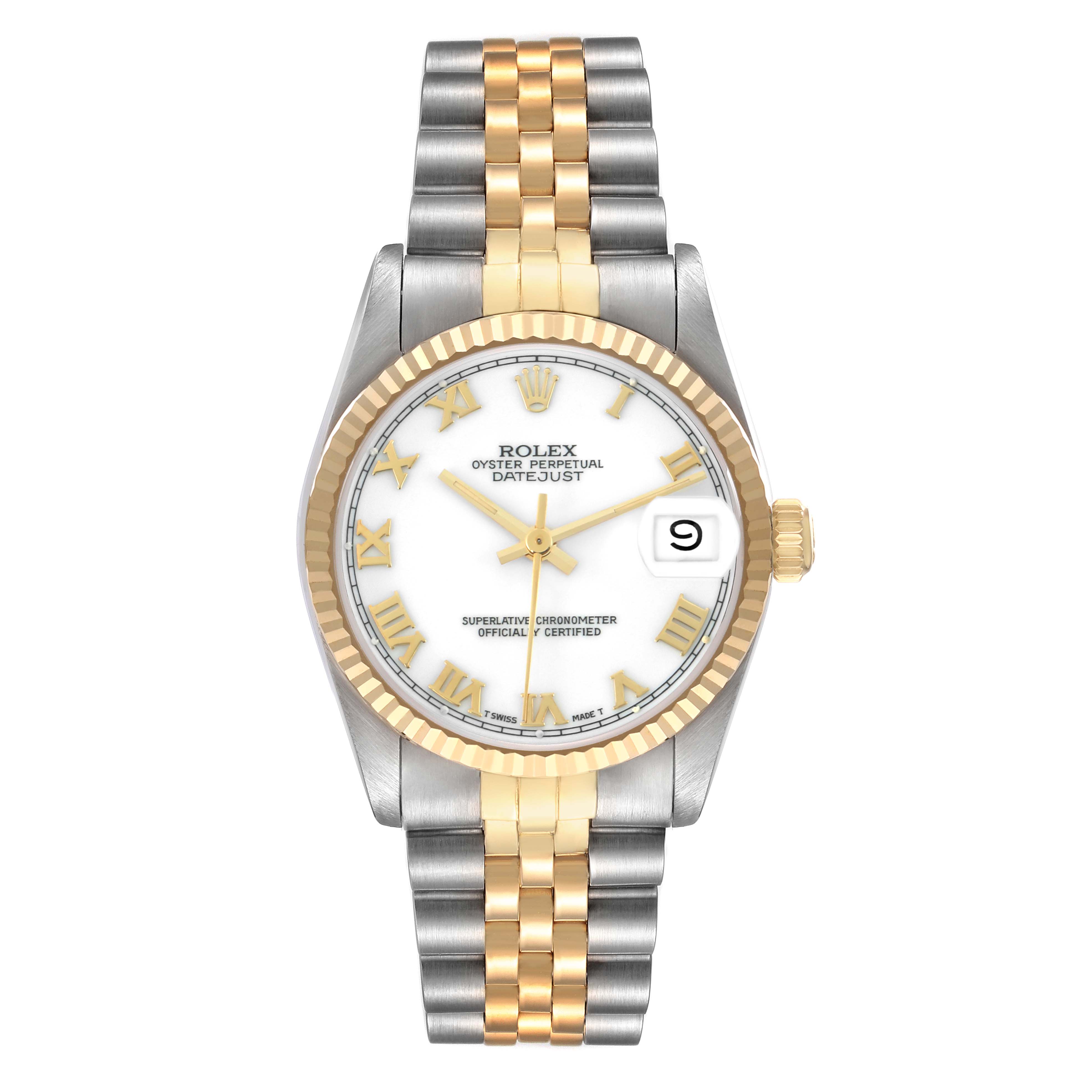 The Rolex Mid-Size 68273 Women
s Steel and Gold (two tone) White Dial Datejust watch is shown from a top view, highlighting its gold bezel, white dial, and bicolor bracelet.