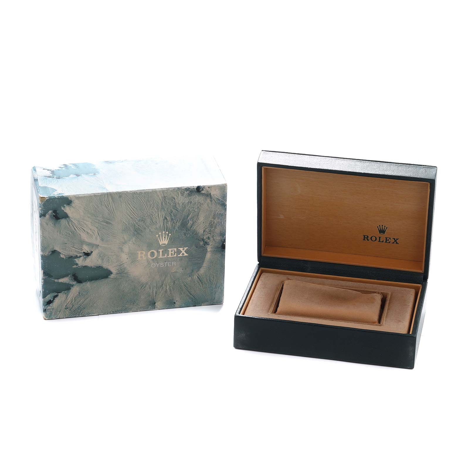 This image shows a Rolex Oyster watch box and an open display case for a Mid-Size model.