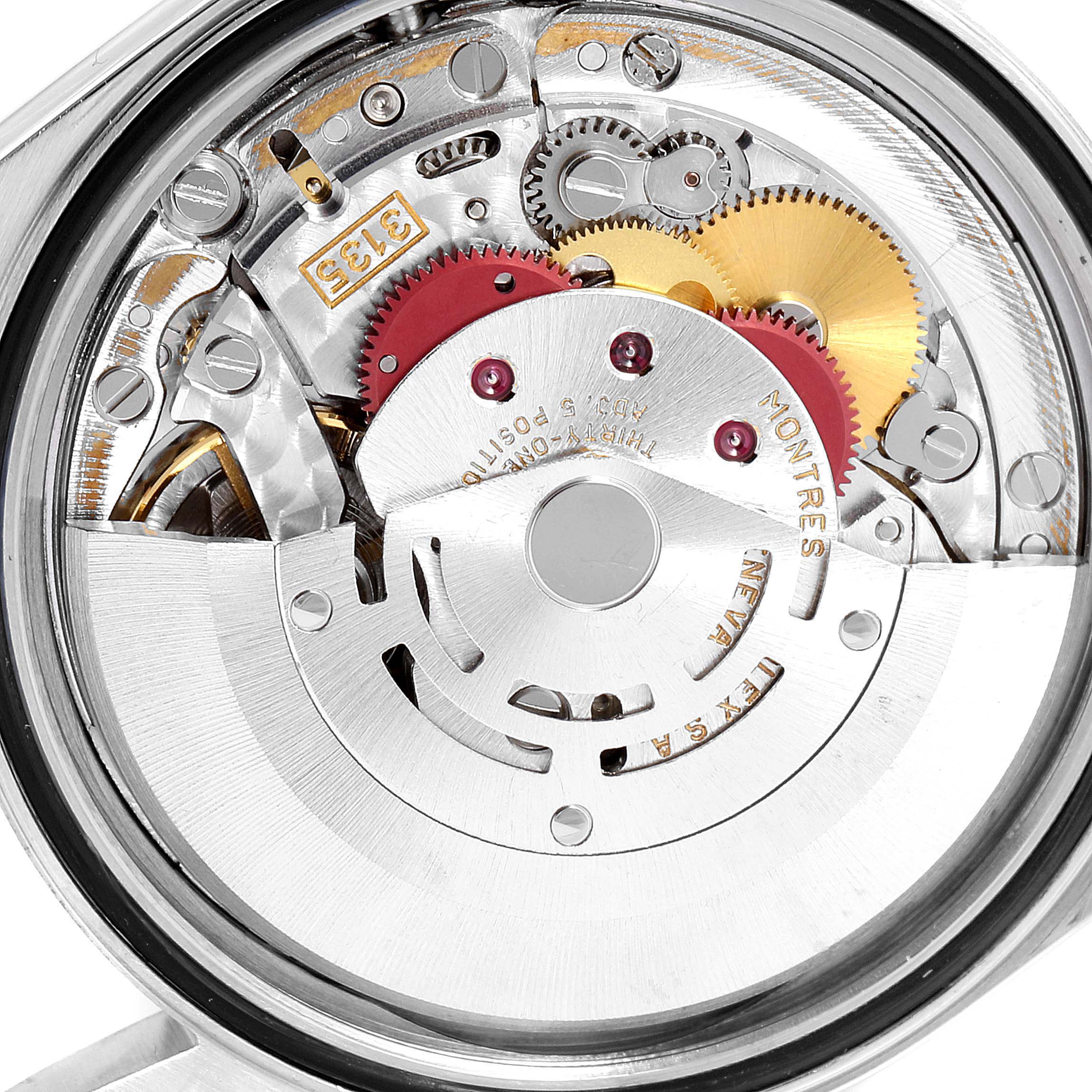 This image shows the internal movement mechanism of a Rolex Datejust 16220 Men
s Stainless Steel Blue Dial 16220 Men
s Stainless Steel Blue Dial watch taken from the back side.