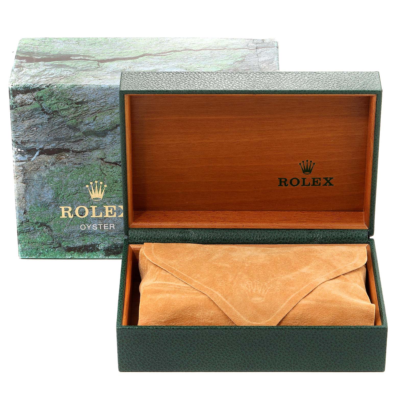 The image shows a Rolex Datejust 16220 Men
s Stainless Steel Blue Dial 16220 Men
s Stainless Steel Blue Dial watch box, with the open box displaying an inner pouch and the outer green box beside it.