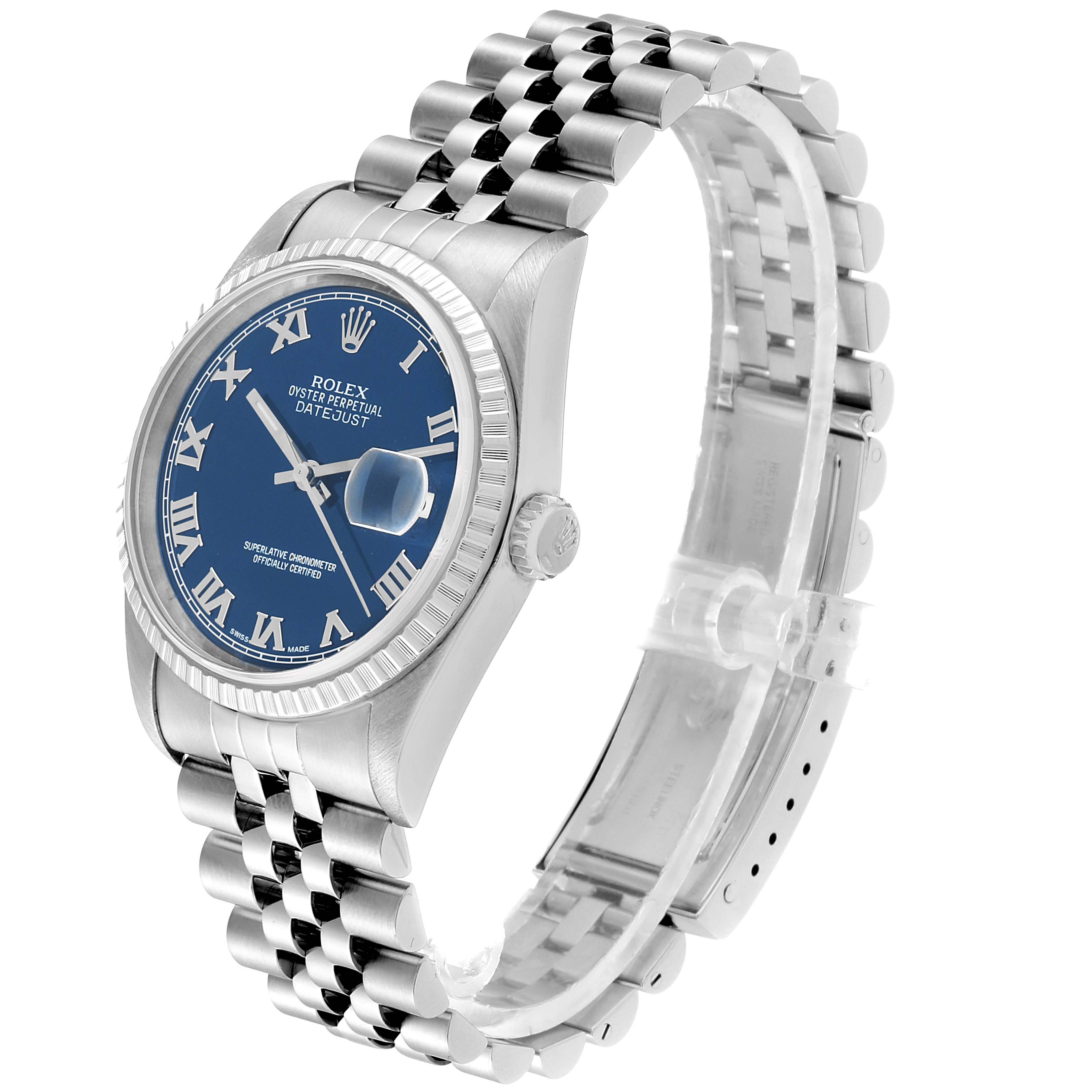 The image shows a Rolex Datejust 16220 Men
s Stainless Steel Blue Dial 16220 Men
s Stainless Steel Blue Dial watch at a three-quarter angle, displaying its blue dial, fluted bezel, and Jubilee bracelet.