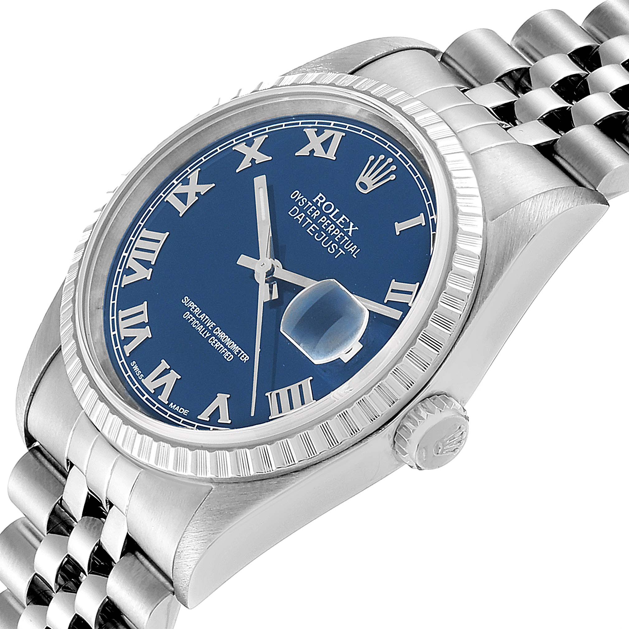This image shows a close-up of a Rolex Datejust 16220 Men
s Stainless Steel Blue Dial 16220 Men
s Stainless Steel Blue Dial watch face and partial bracelet, viewed from an angled side perspective.