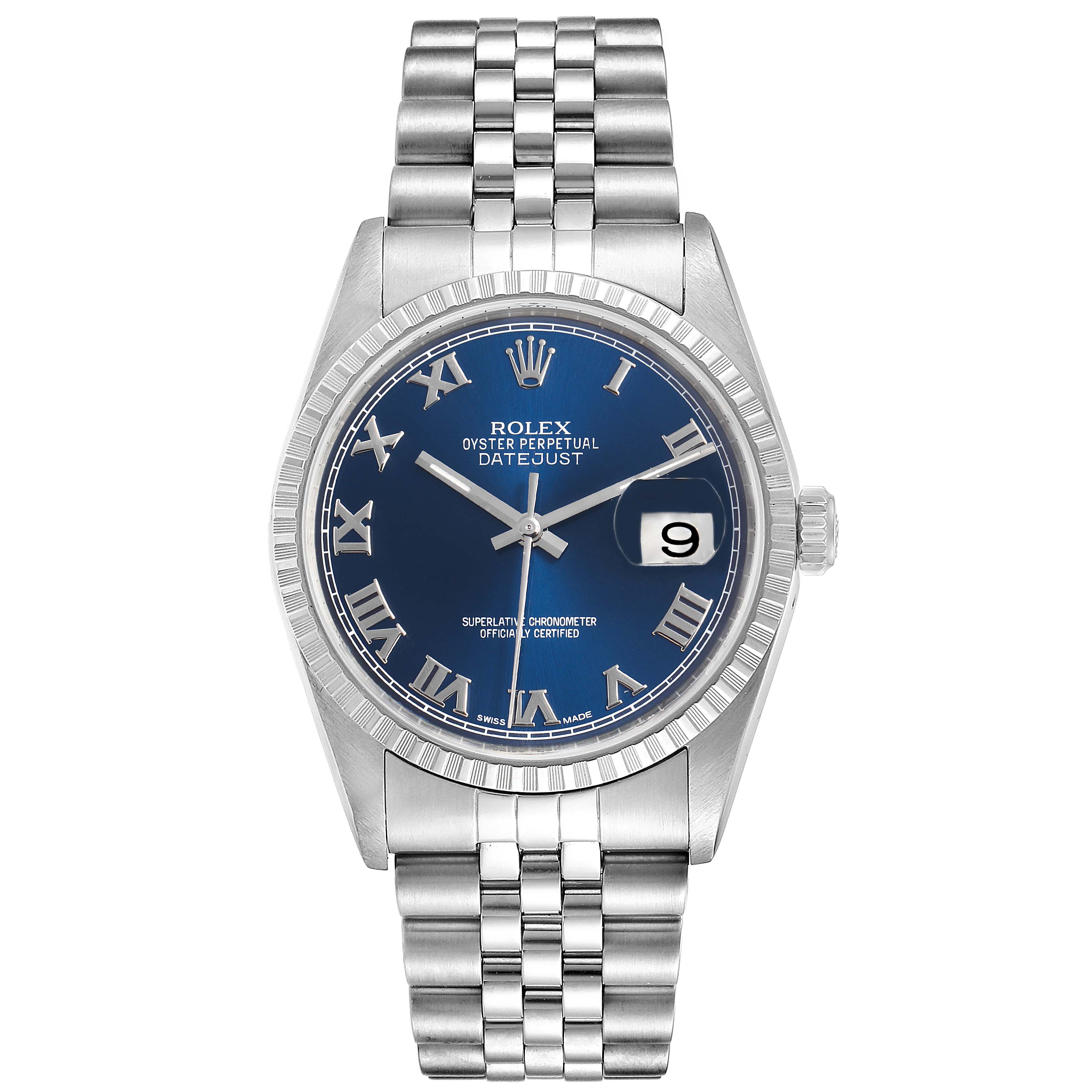 This image shows a frontal view of a Rolex Datejust 16220 Men
s Stainless Steel Blue Dial 16220 Men
s Stainless Steel Blue Dial watch with a blue dial, Roman numerals, and a Jubilee bracelet.
