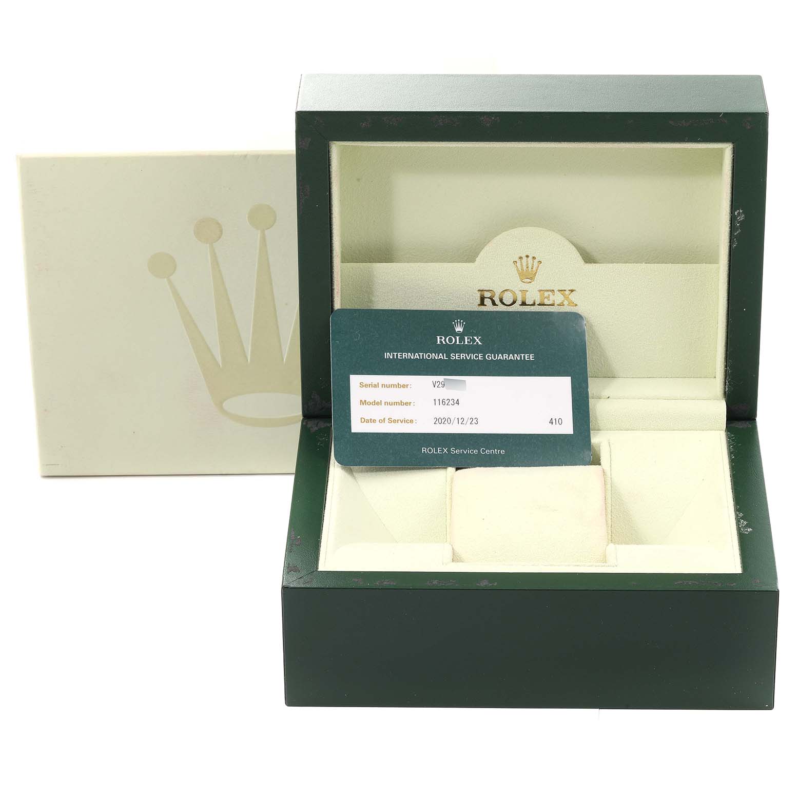 The image shows an open Rolex Datejust 116234 Men's Stainless Steel Mother of Pearl Dial 116234 Men's Stainless Steel Mother of Pearl Dial watch box with a service guarantee card placed inside.