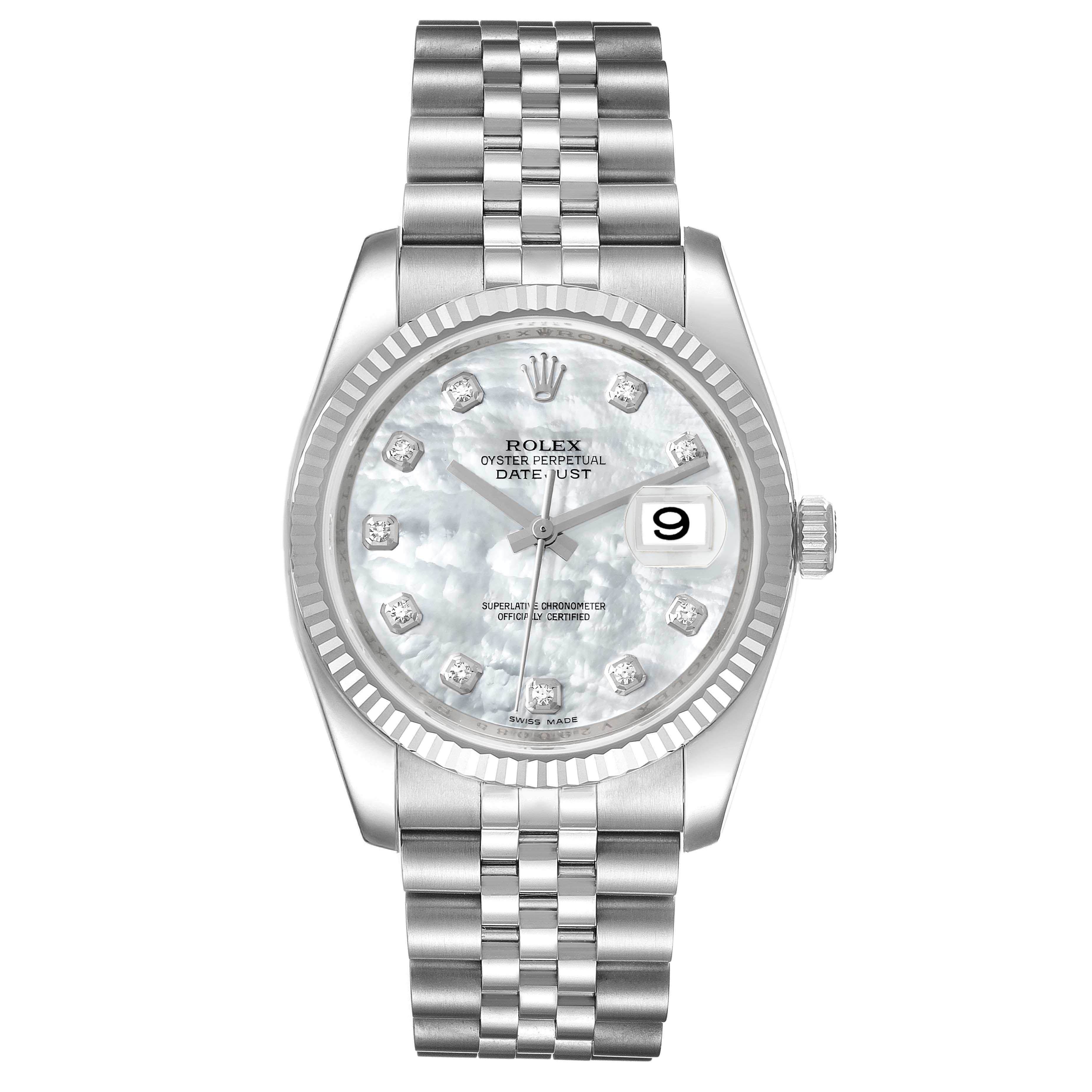 This Rolex Datejust 116234 Men's Stainless Steel Mother of Pearl Dial 116234 Men's Stainless Steel Mother of Pearl Dial watch is shown from the front, displaying the face, bezel, and bracelet.