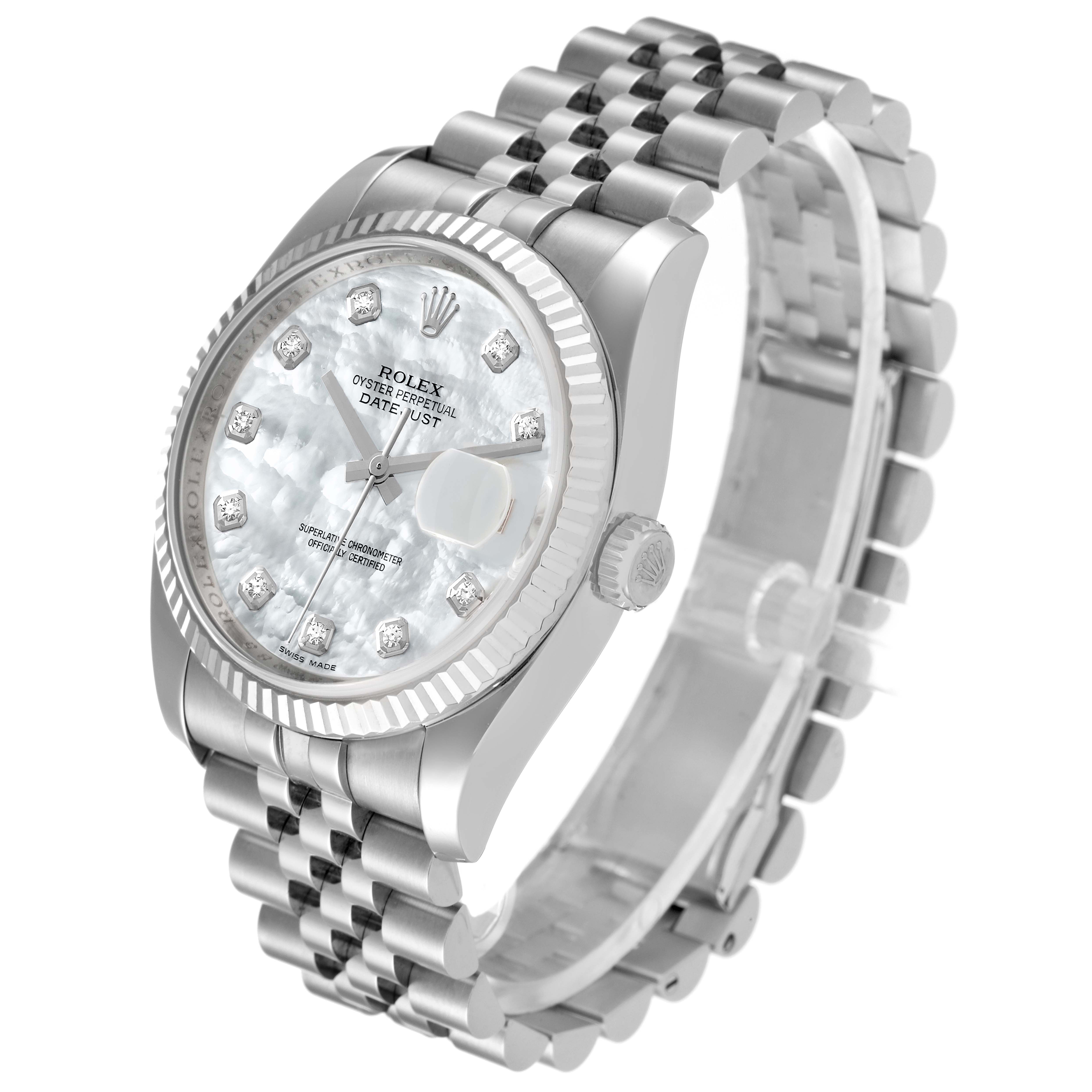 The image shows a Rolex Datejust 116234 Men's Stainless Steel Mother of Pearl Dial 116234 Men's Stainless Steel Mother of Pearl Dial watch at a slight angle, displaying the face, bezel, and part of the bracelet.