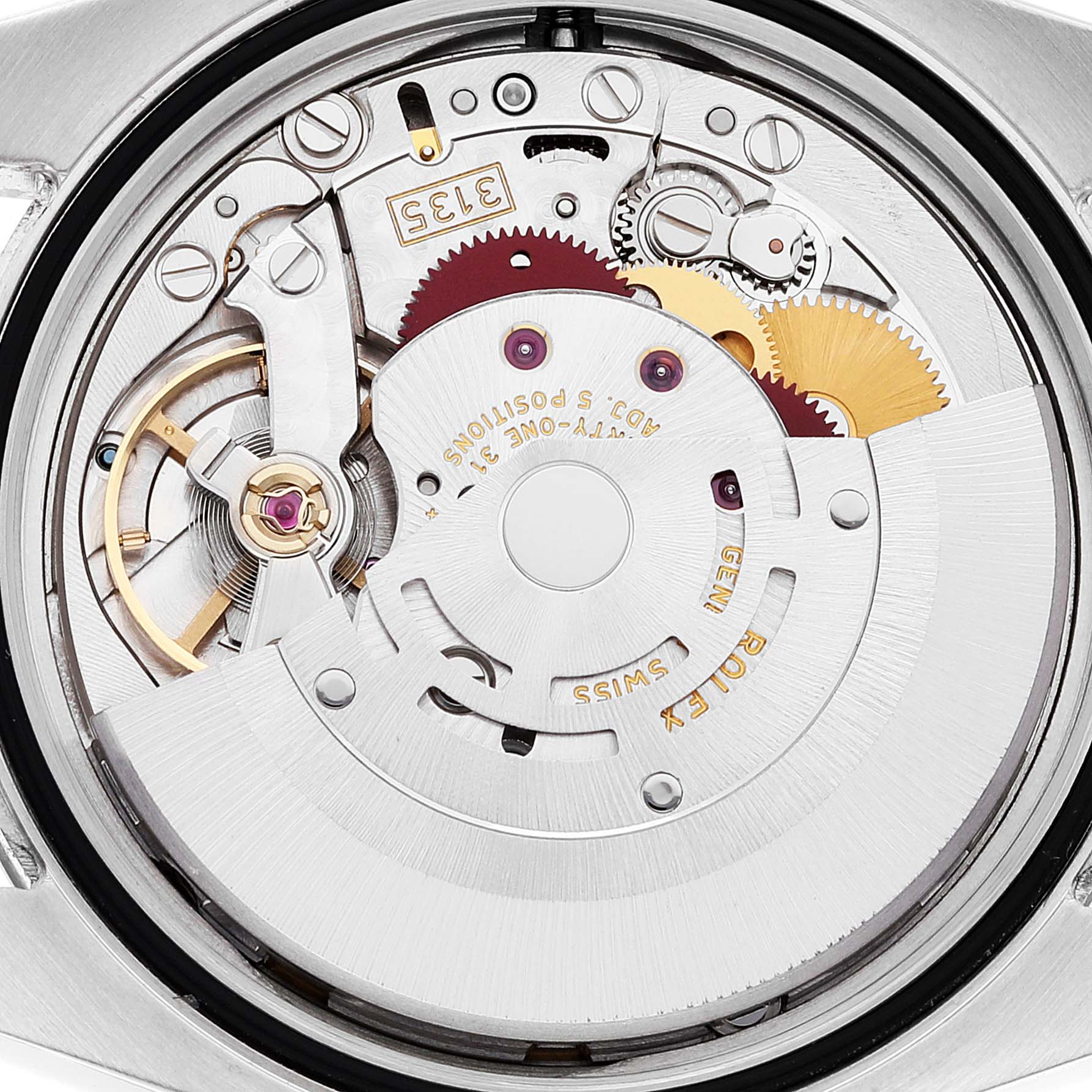 This is a close-up view of the movement mechanism from the back of a Rolex Datejust 116234 Men's Stainless Steel Mother of Pearl Dial 116234 Men's Stainless Steel Mother of Pearl Dial watch showing gears and intricate components.