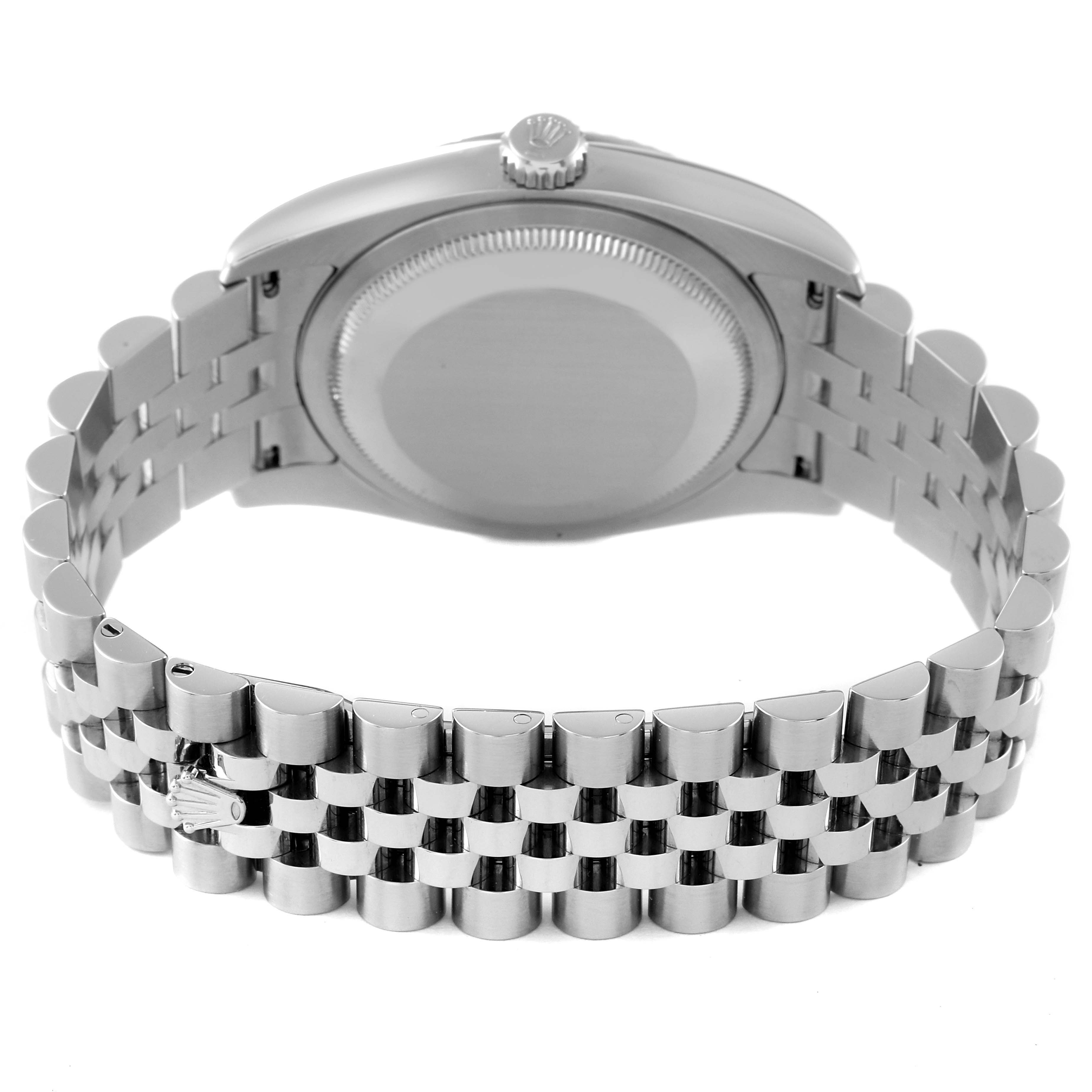 The image shows the back view of a Rolex Datejust 116234 Men's Stainless Steel Mother of Pearl Dial 116234 Men's Stainless Steel Mother of Pearl Dial watch, highlighting the bracelet and case back.