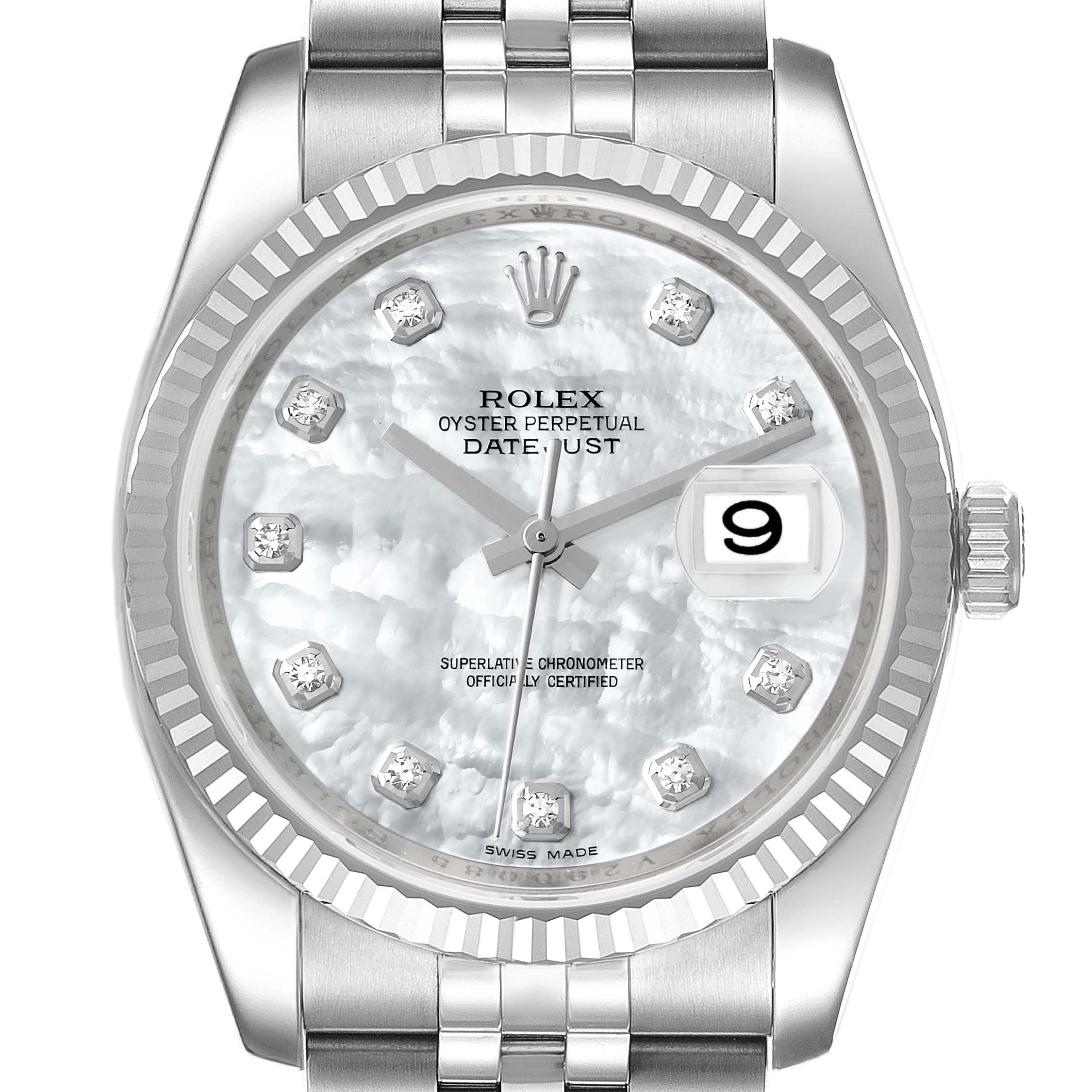 The image shows a frontal view of a Rolex Datejust 116234 Men's Stainless Steel Mother of Pearl Dial 116234 Men's Stainless Steel Mother of Pearl Dial watch, highlighting the dial, bezel, bracelet, and crown.