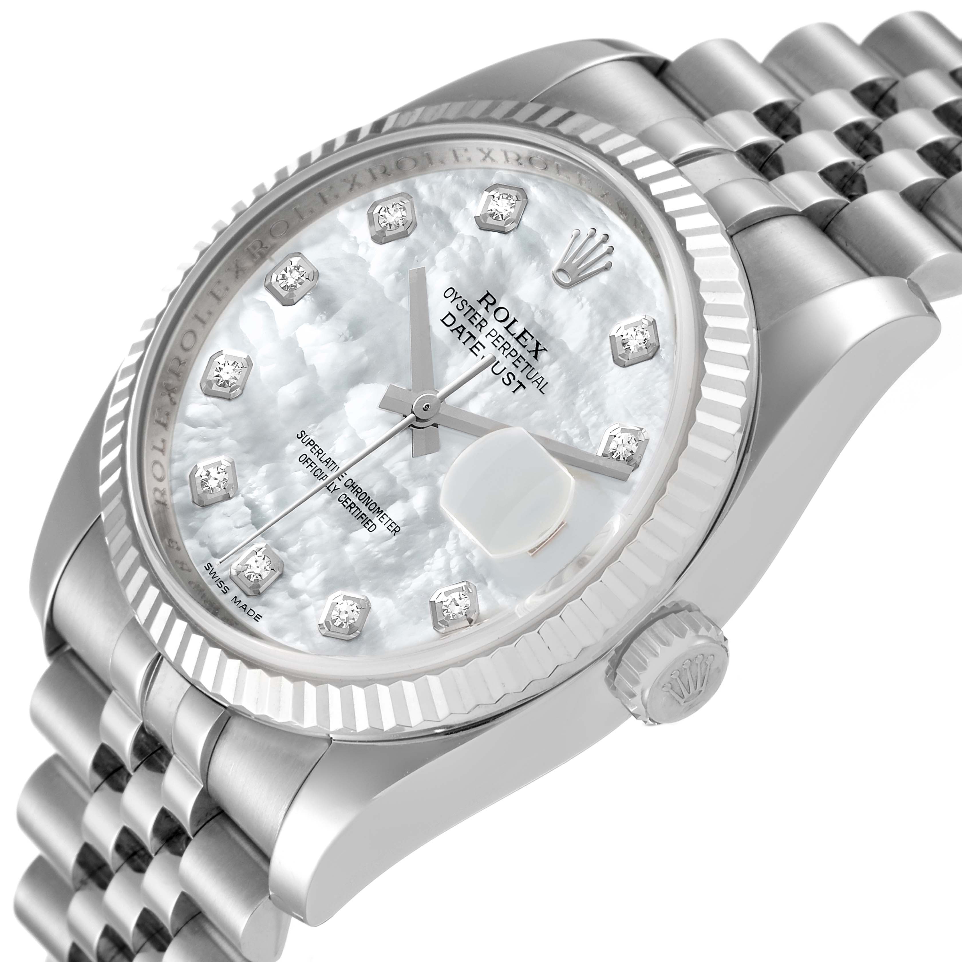 The image shows a Rolex Datejust 116234 Men's Stainless Steel Mother of Pearl Dial 116234 Men's Stainless Steel Mother of Pearl Dial watch from a side angle, highlighting the bezel, face, crown, and part of the bracelet.