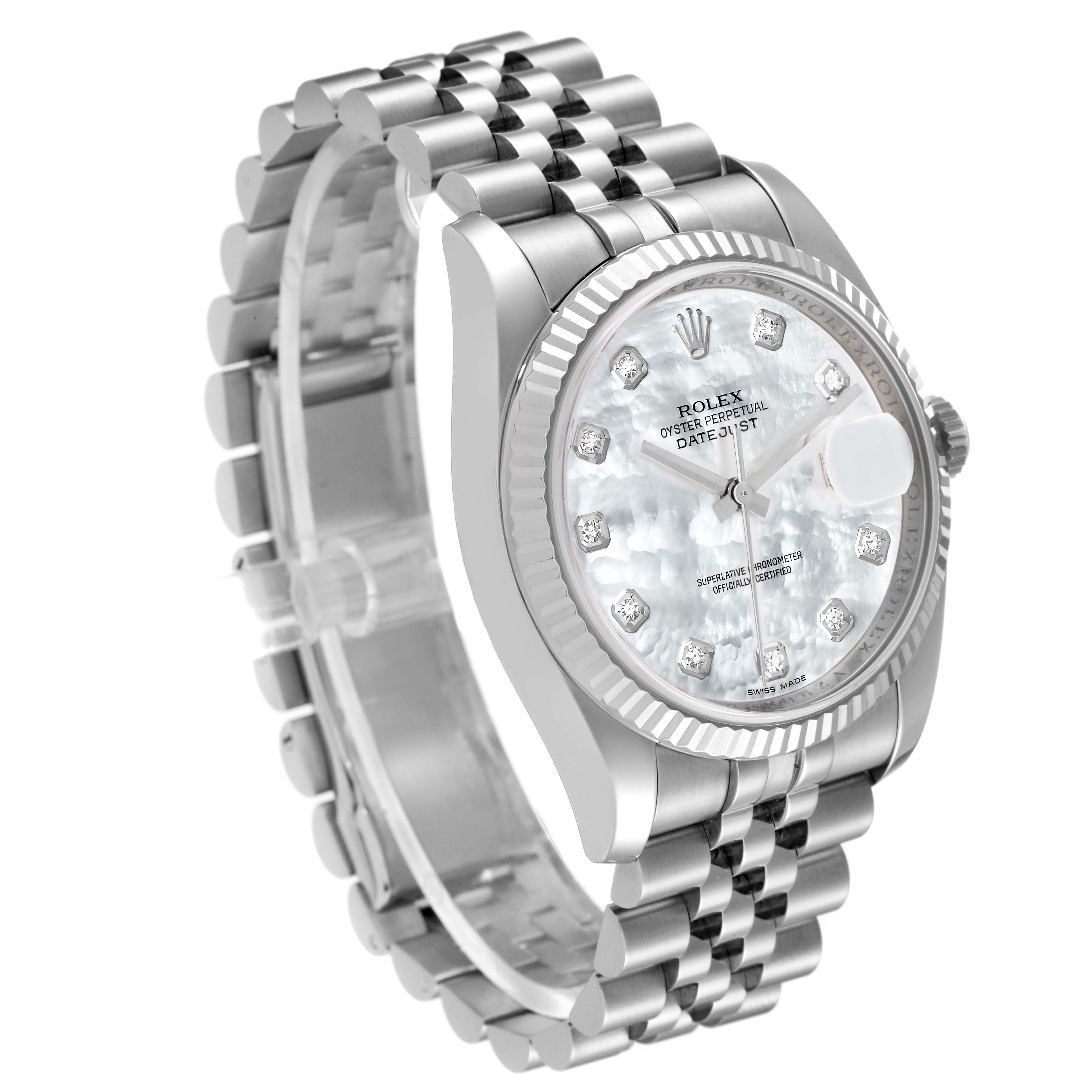 A Rolex Datejust 116234 Men's Stainless Steel Mother of Pearl Dial 116234 Men's Stainless Steel Mother of Pearl Dial watch is shown at a three-quarter angle, highlighting the bracelet, case, fluted bezel, and dial.
