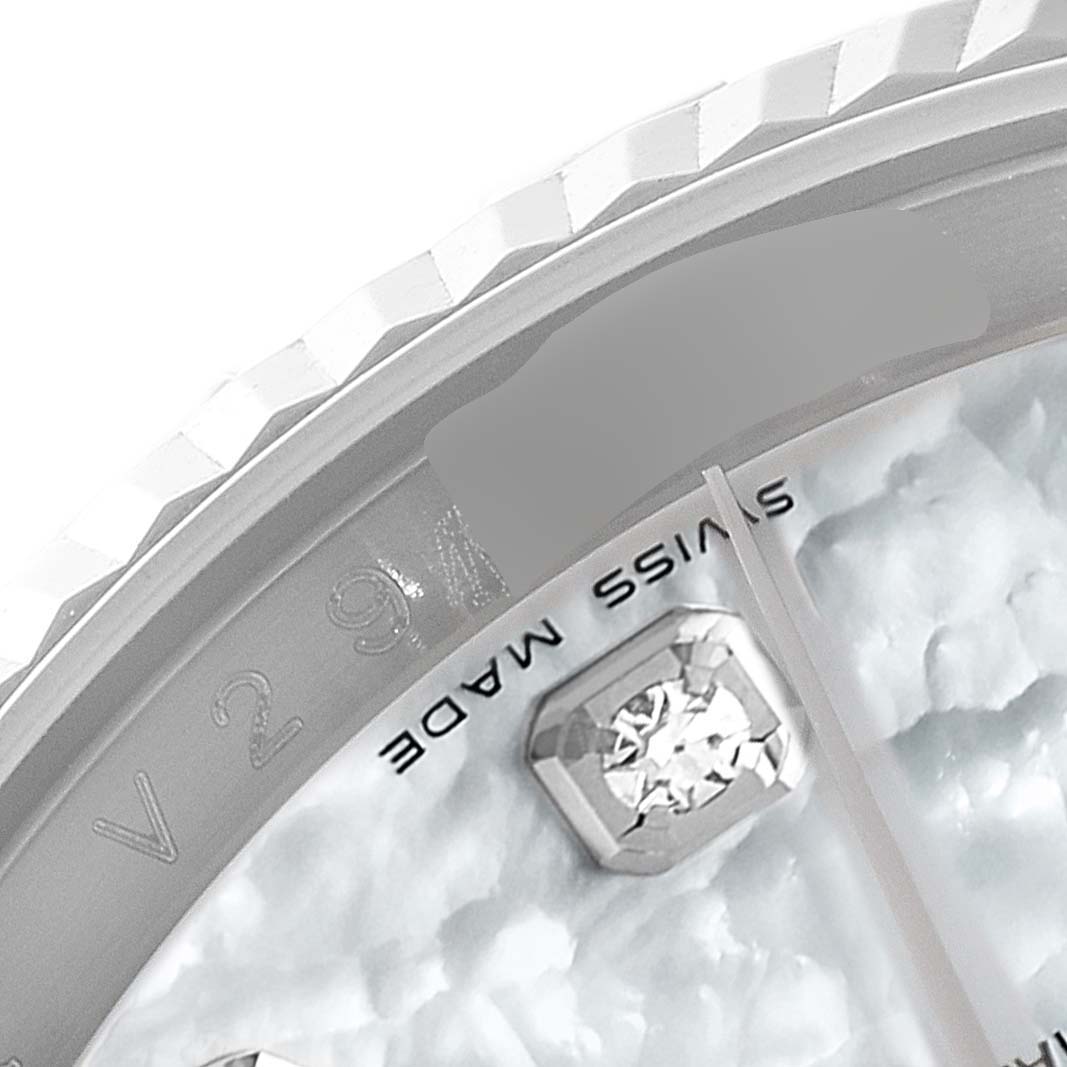 The image shows a close-up angle of the dial, bezel, and a part of the marker on the Rolex Datejust 116234 Men's Stainless Steel Mother of Pearl Dial 116234 Men's Stainless Steel Mother of Pearl Dial watch.