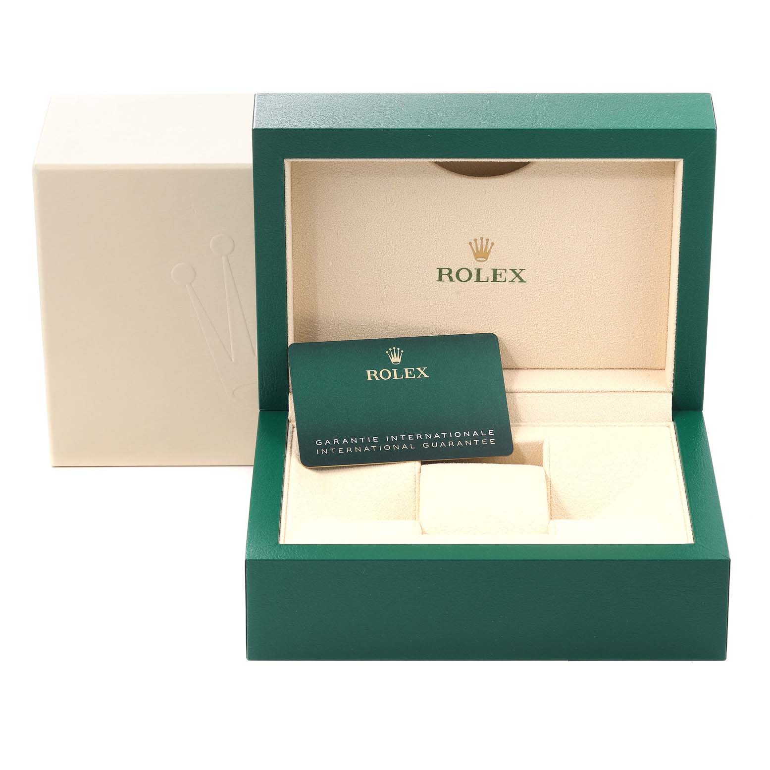The image shows the open box and the international guarantee card for a Rolex Datejust 126201 Men's Steel and Gold (two tone) Grey Dial 126201 Men's Steel and Gold (two tone) Grey Dial model.