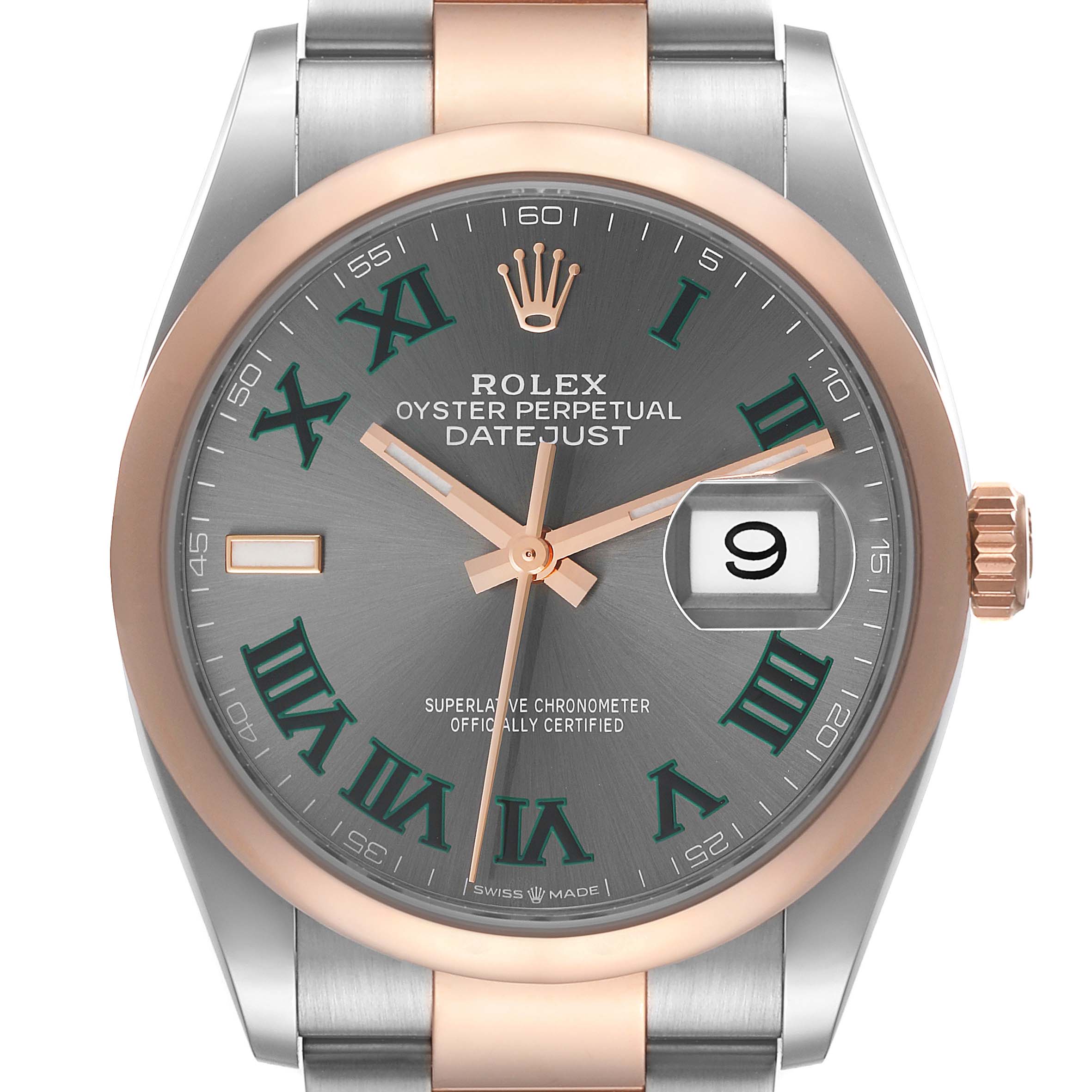 The image shows a frontal view of the Rolex Datejust 126201 Men's Steel and Gold (two tone) Grey Dial 126201 Men's Steel and Gold (two tone) Grey Dial watch, highlighting its dial, bezel, and crown.