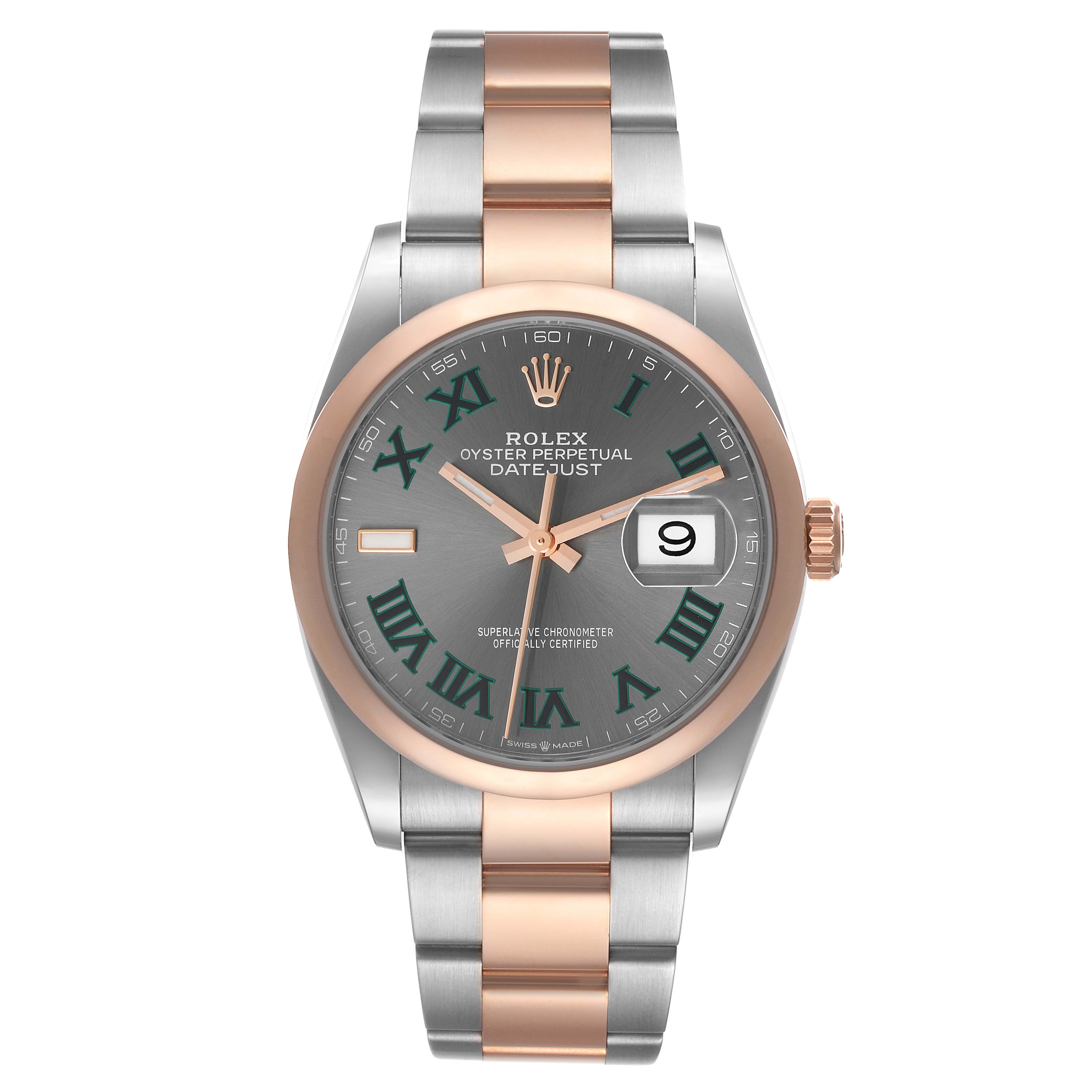 This image shows a front view of a Rolex Datejust 126201 Men's Steel and Gold (two tone) Grey Dial 126201 Men's Steel and Gold (two tone) Grey Dial, displaying its face, bezel, and bracelet.