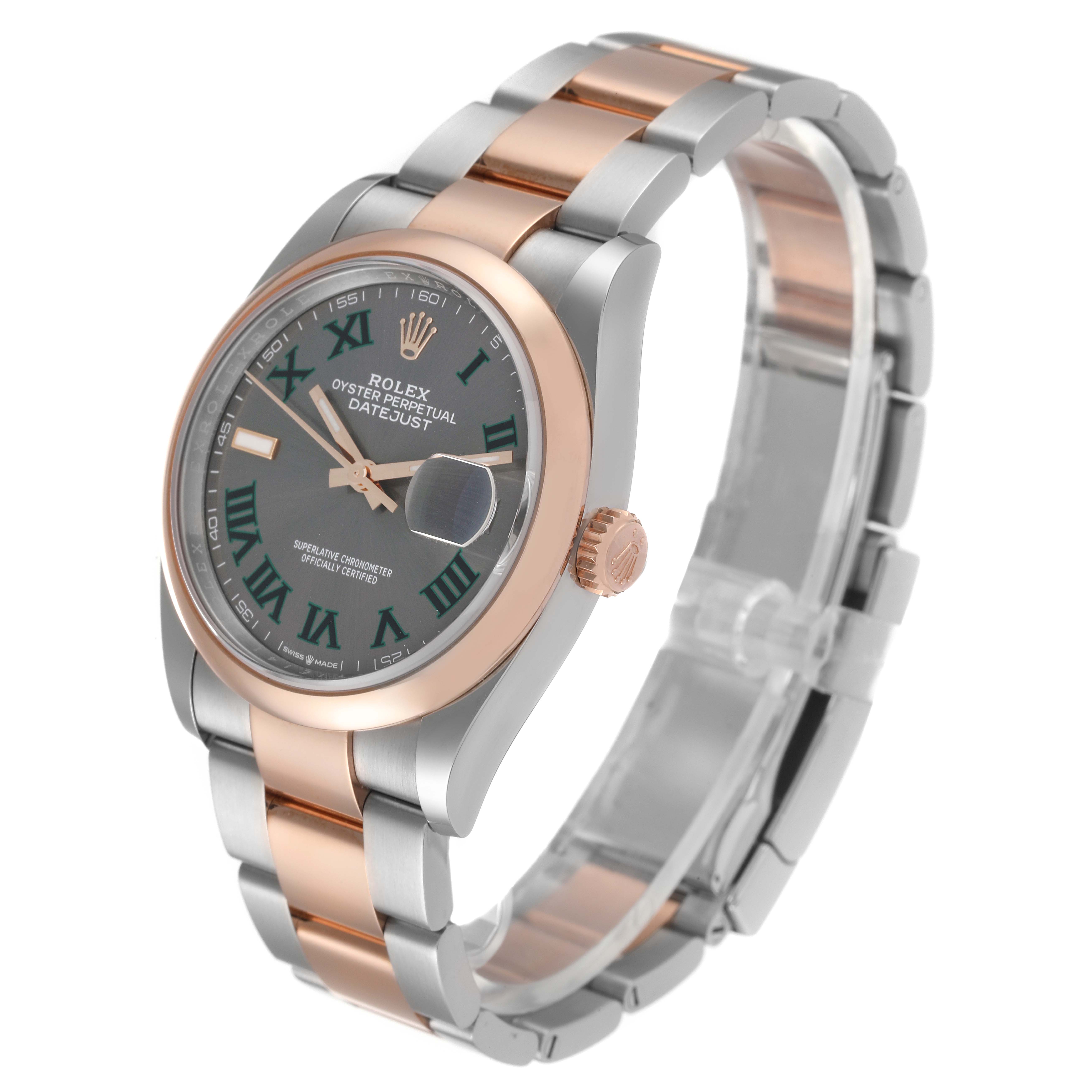 The image shows a side view of a Rolex Datejust 126201 Men's Steel and Gold (two tone) Grey Dial 126201 Men's Steel and Gold (two tone) Grey Dial watch, highlighting its two-tone bracelet, dial, and crown.