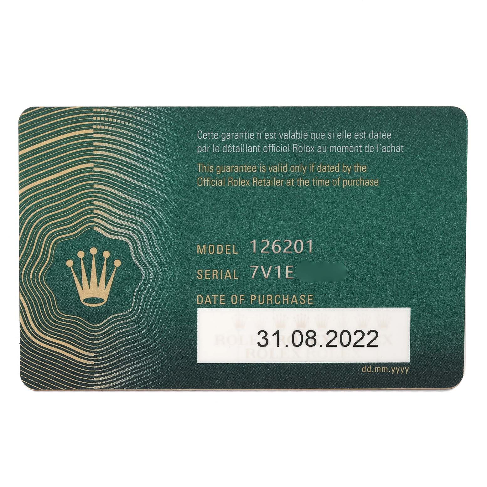 The image shows the warranty card for the Rolex Datejust 126201 Men's Steel and Gold (two tone) Grey Dial 126201 Men's Steel and Gold (two tone) Grey Dial model 126201, detailing the serial number and purchase date.