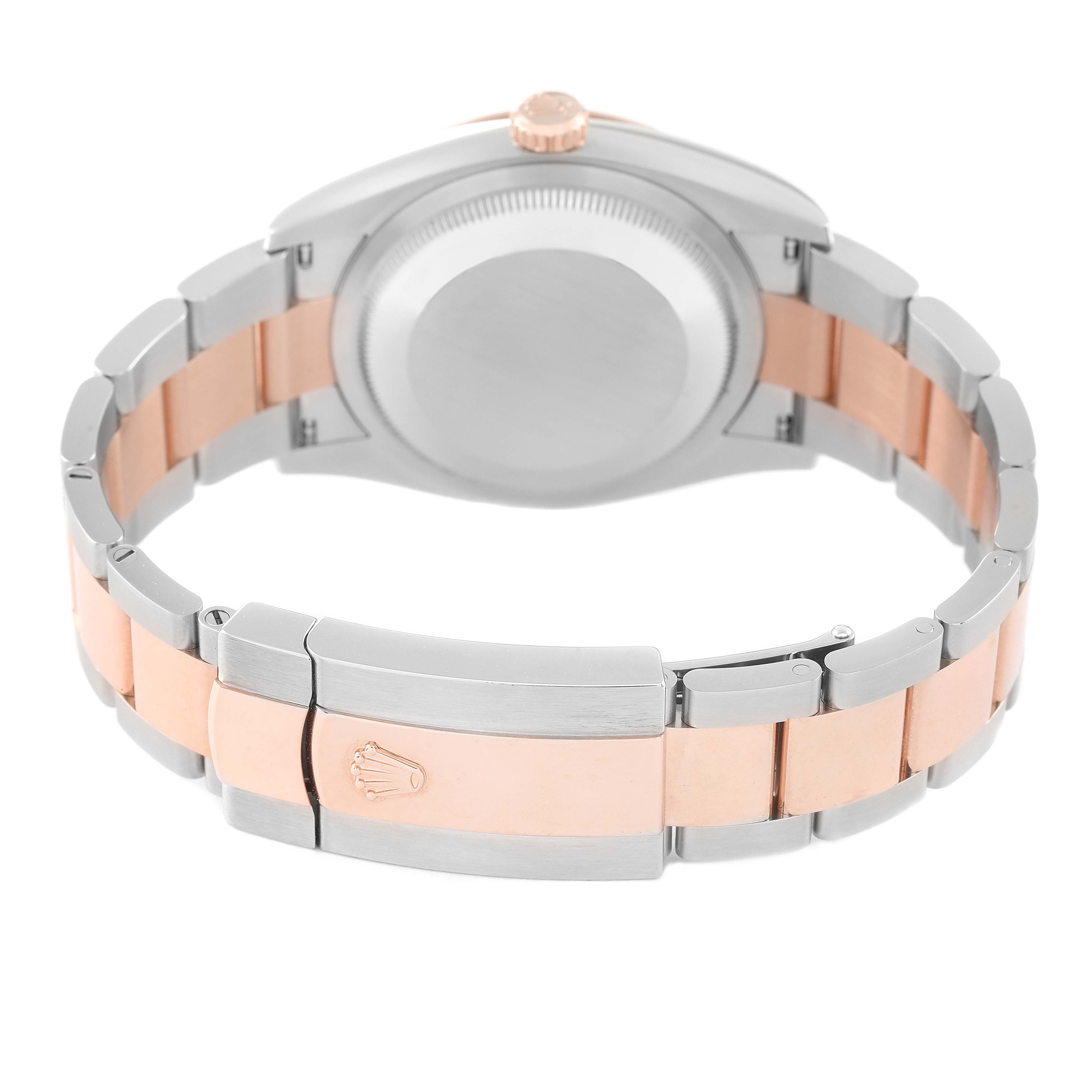 This image shows the back case, bracelet, and clasp of a Rolex Datejust 126201 Men's Steel and Gold (two tone) Grey Dial 126201 Men's Steel and Gold (two tone) Grey Dial watch from a rear angle.