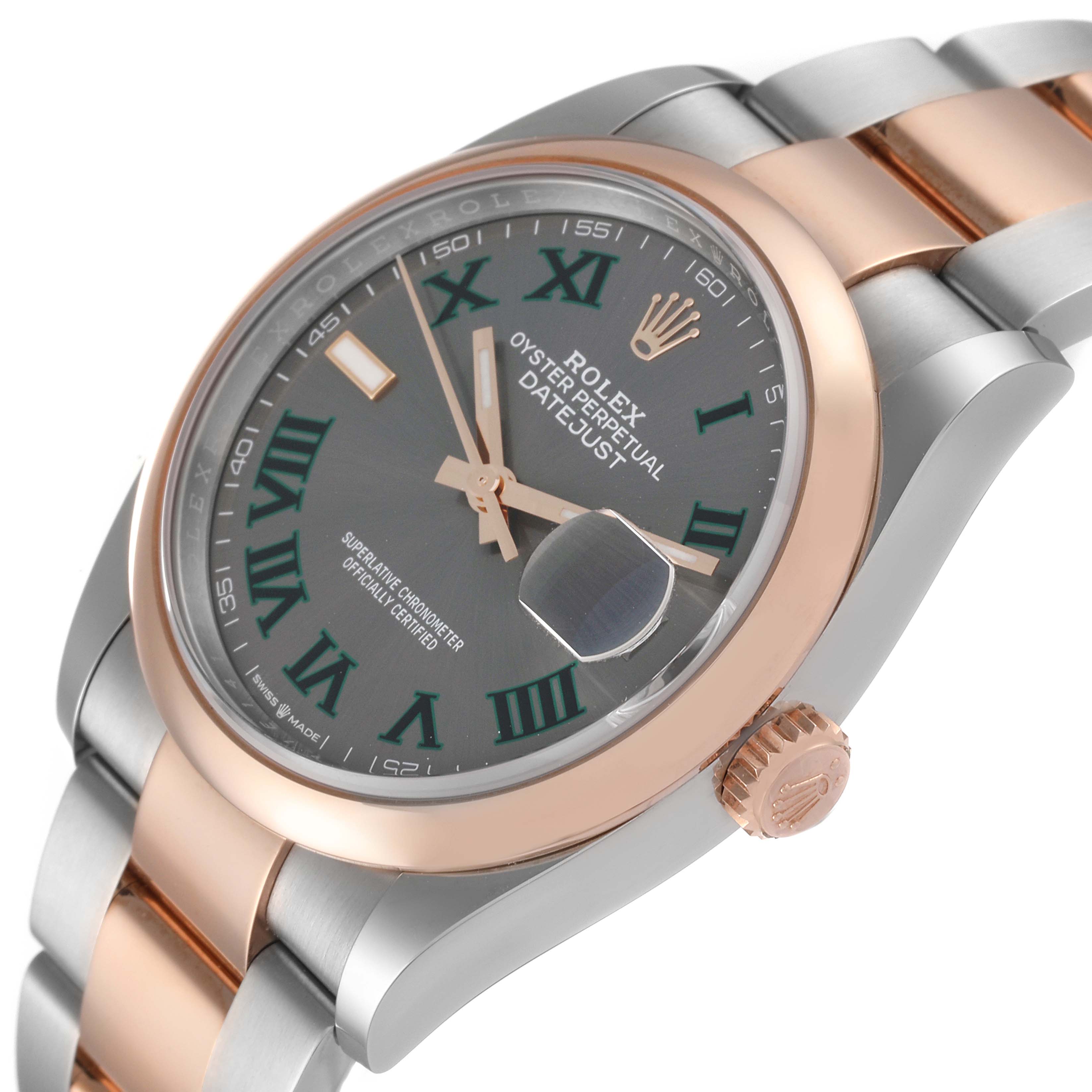 This image shows a close-up angled view of a Rolex Datejust 126201 Men's Steel and Gold (two tone) Grey Dial 126201 Men's Steel and Gold (two tone) Grey Dial watch, highlighting the dial, bezel, crown, and part of the bracelet.