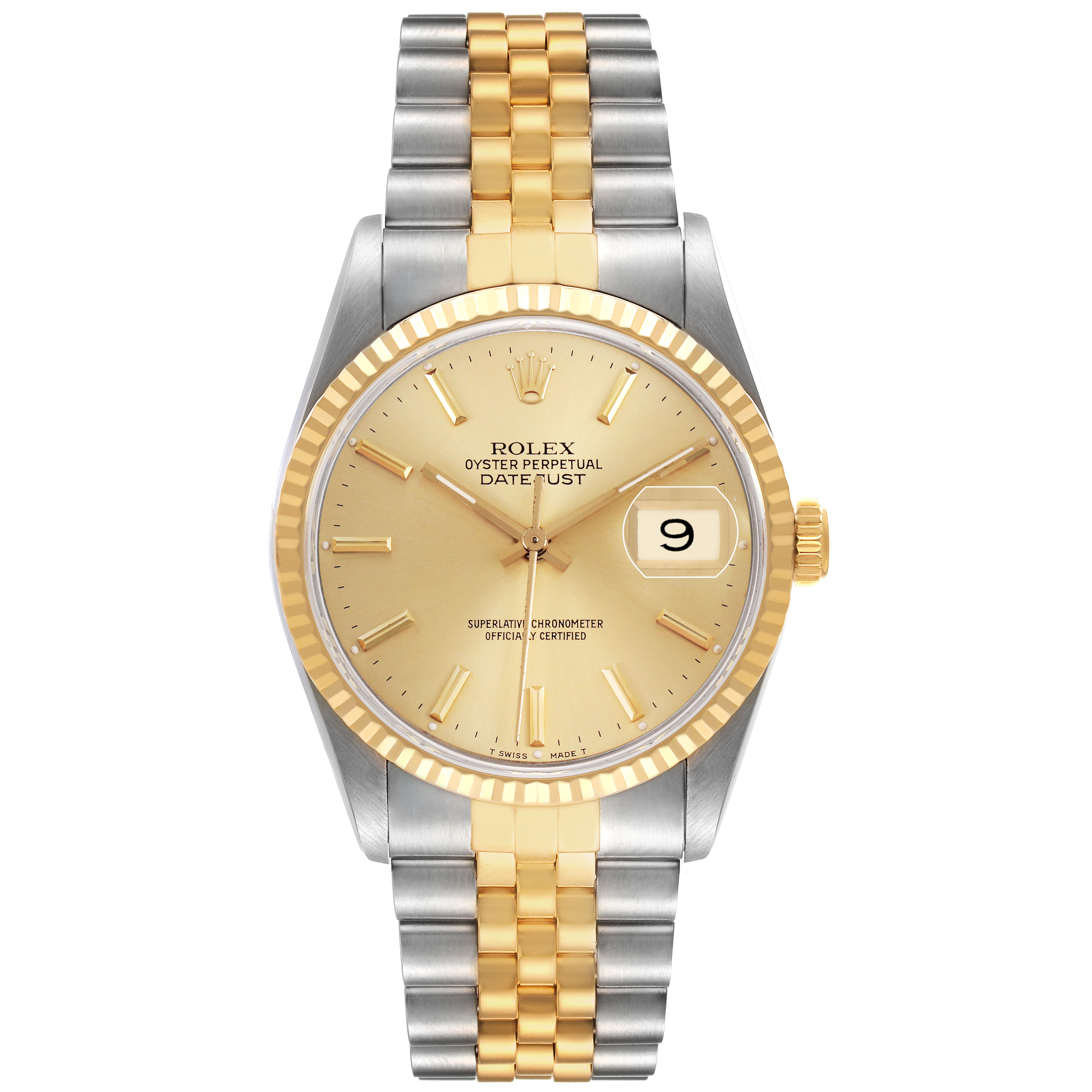 The Rolex Datejust 16233 Men's Steel and Gold (two tone) Champagne Dial is shown from a front angle, highlighting its gold and silver bracelet, fluted bezel, and champagne dial.