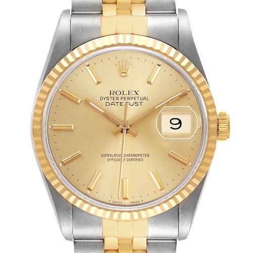 The image shows a Rolex Datejust 16233 Men's Steel and Gold (two tone) Champagne Dial watch from a front angle, highlighting the dial, bezel, and bracelet.