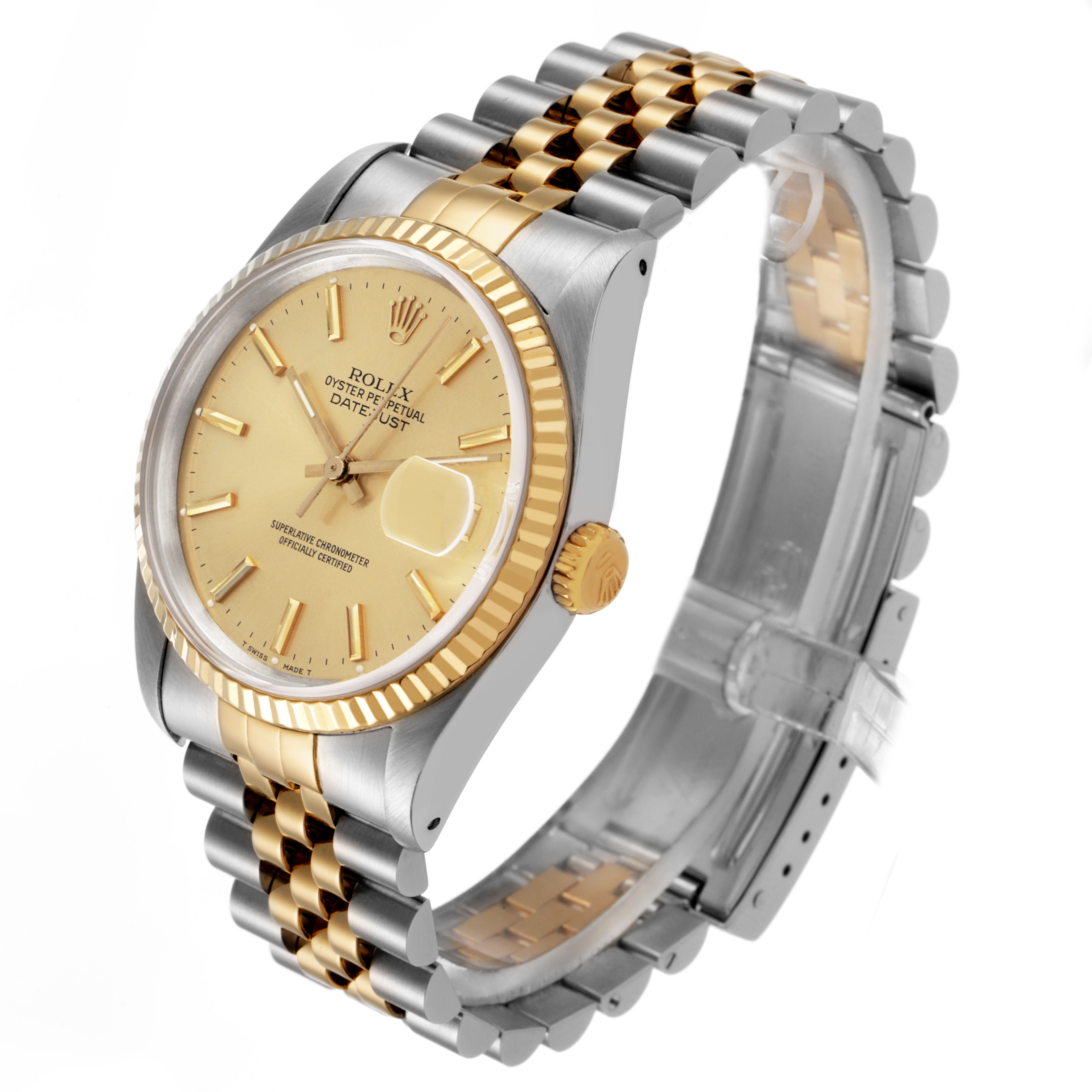 The Rolex Datejust 16233 Men's Steel and Gold (two tone) Champagne Dial is shown at a three-quarter angle, highlighting the face, bezel, and two-tone bracelet.