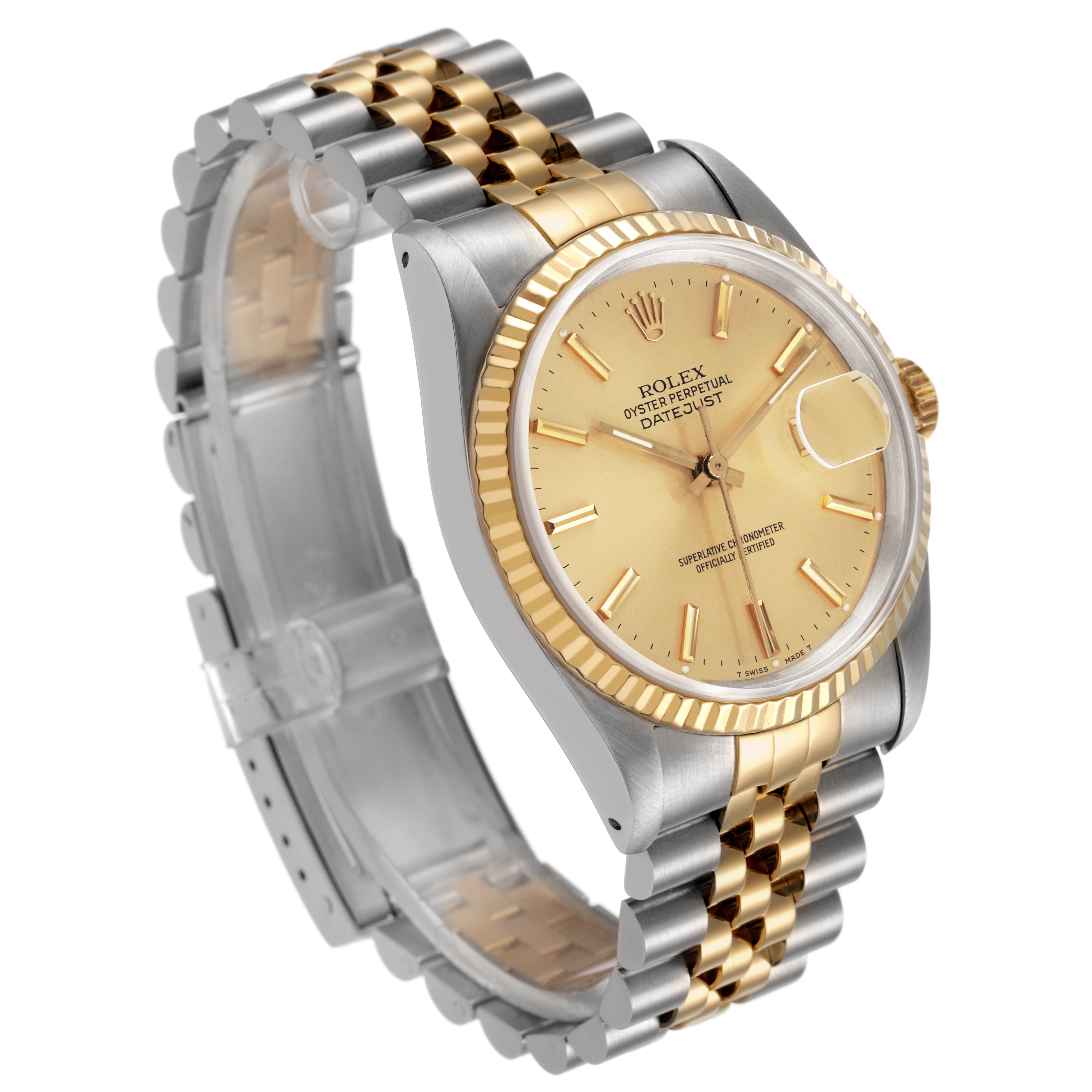 The Rolex Datejust 16233 Men's Steel and Gold (two tone) Champagne Dial watch is shown in a 3/4 view, highlighting the face, bezel, and two-tone bracelet.