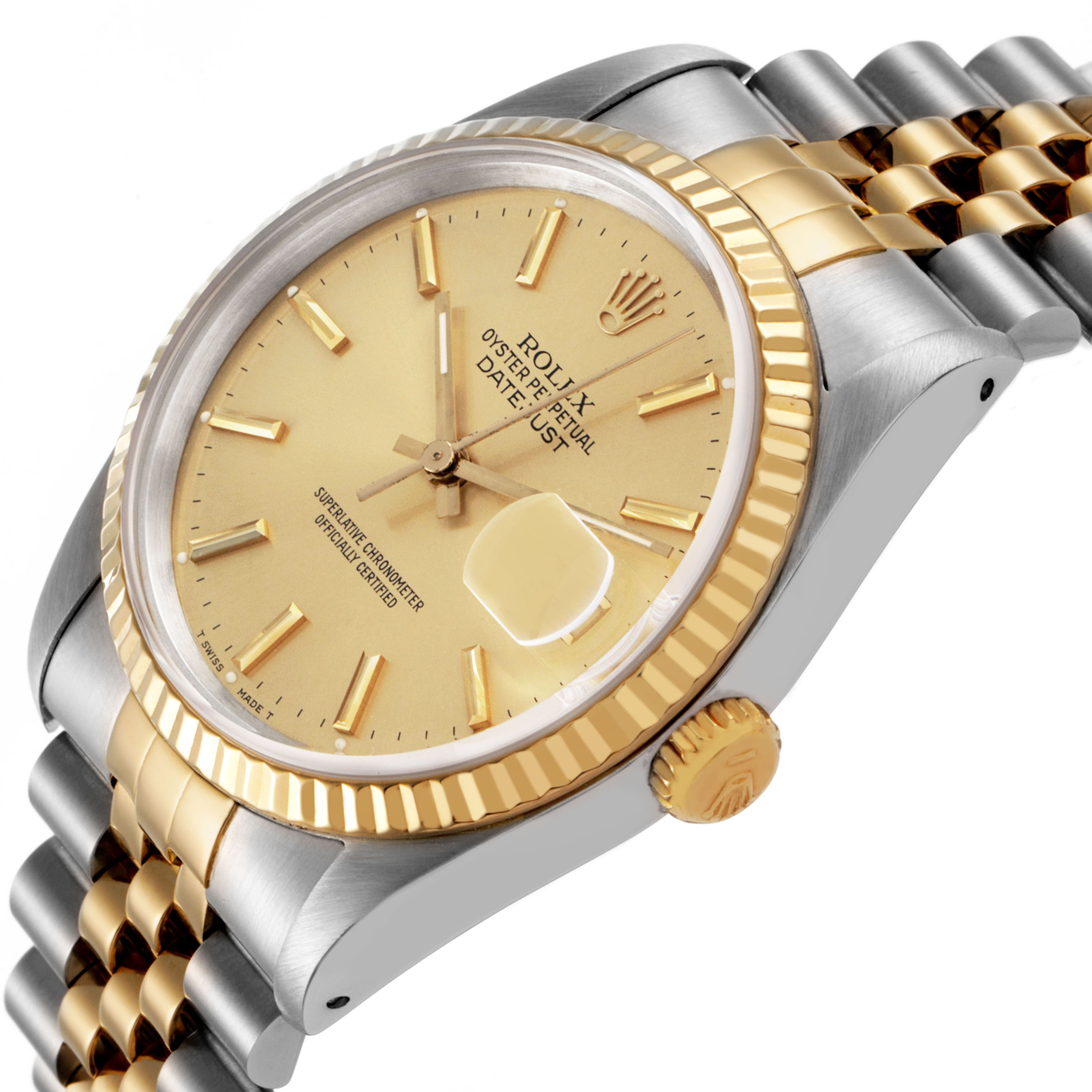 The Rolex Datejust 16233 Men's Steel and Gold (two tone) Champagne Dial watch is shown from a right-side angle, highlighting the bezel, dial, crown, and bracelet.