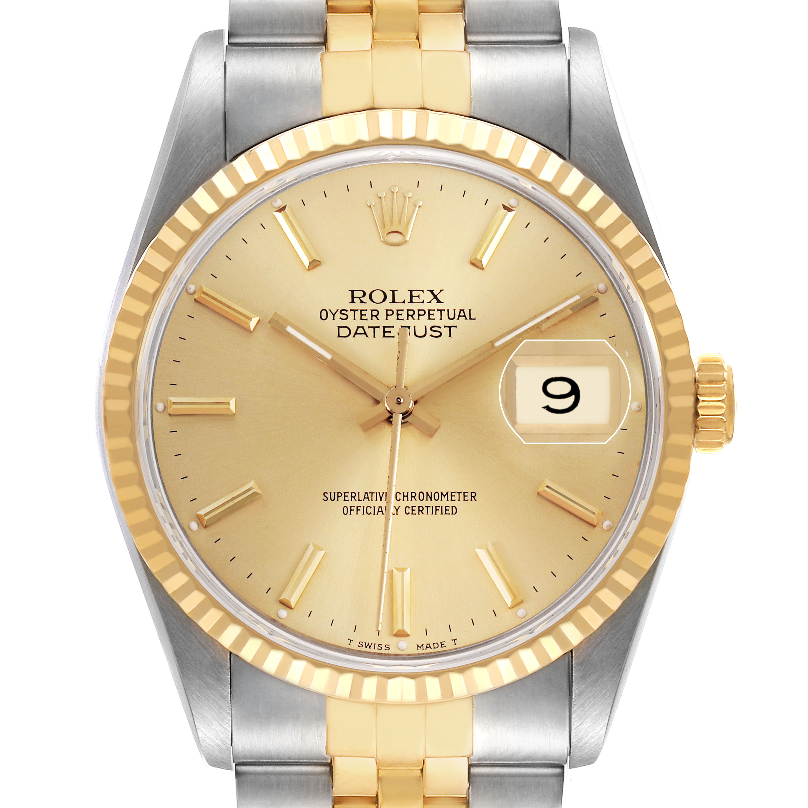 The Rolex Datejust 16233 Men's Steel and Gold (two tone) Champagne Dial watch is shown from the front, highlighting the dial, bezel, crown, and part of the bracelet.