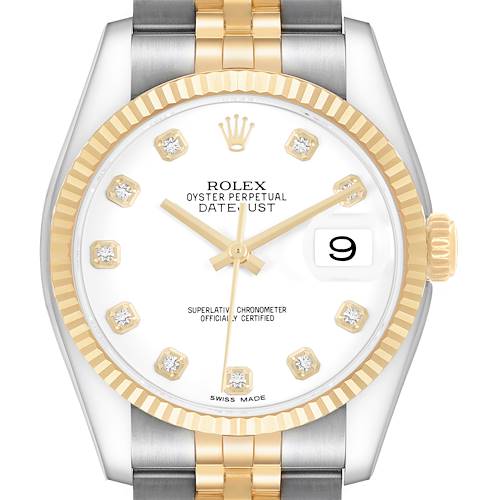 The Rolex Datejust 116233 Men's Steel and Gold (two tone) White Dial watch is shown from the front, highlighting the dial, fluted bezel, and part of the bracelet.