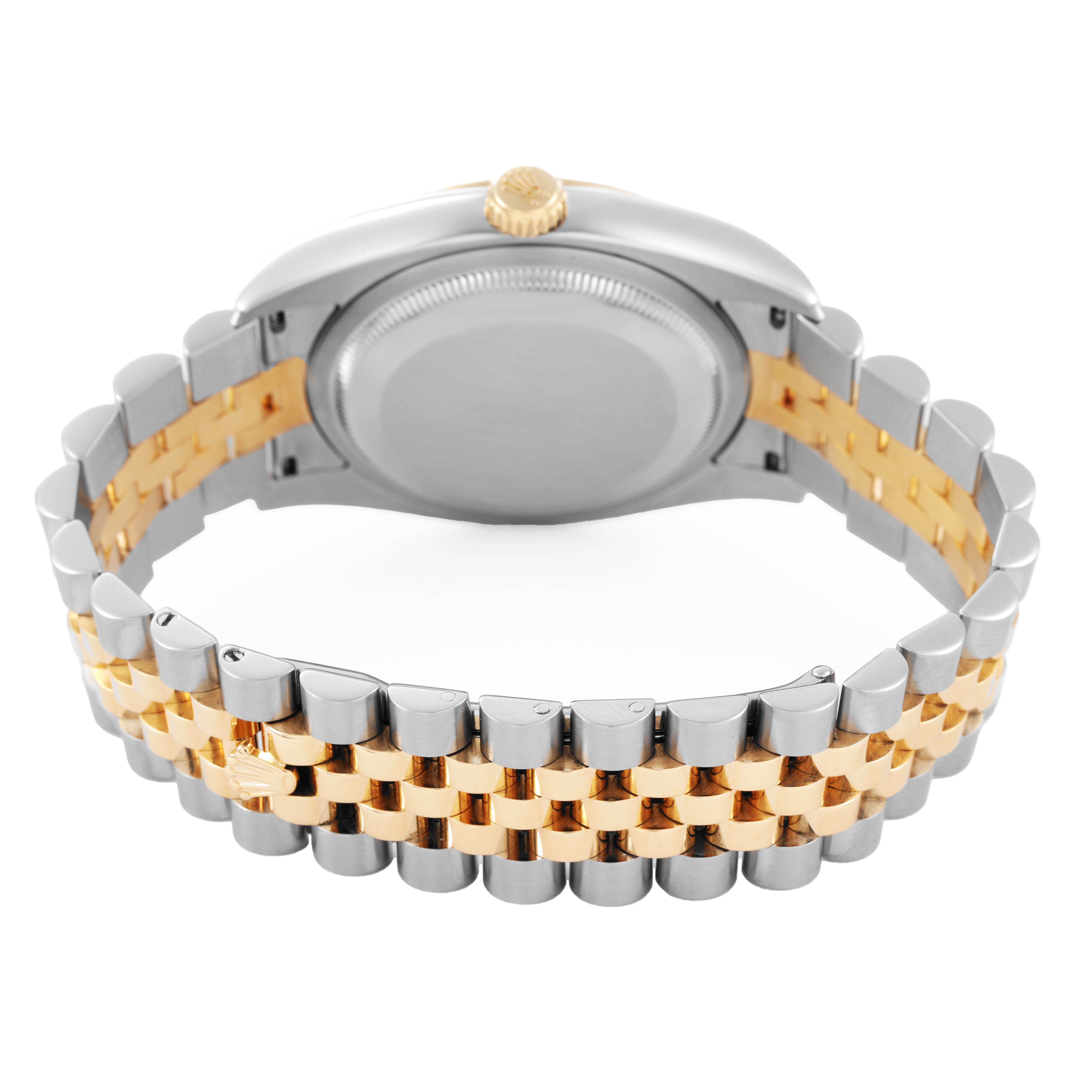 The Rolex Datejust 116233 Men's Steel and Gold (two tone) White Dial watch is shown from the back, highlighting the case back, Jubilee bracelet, and clasp.