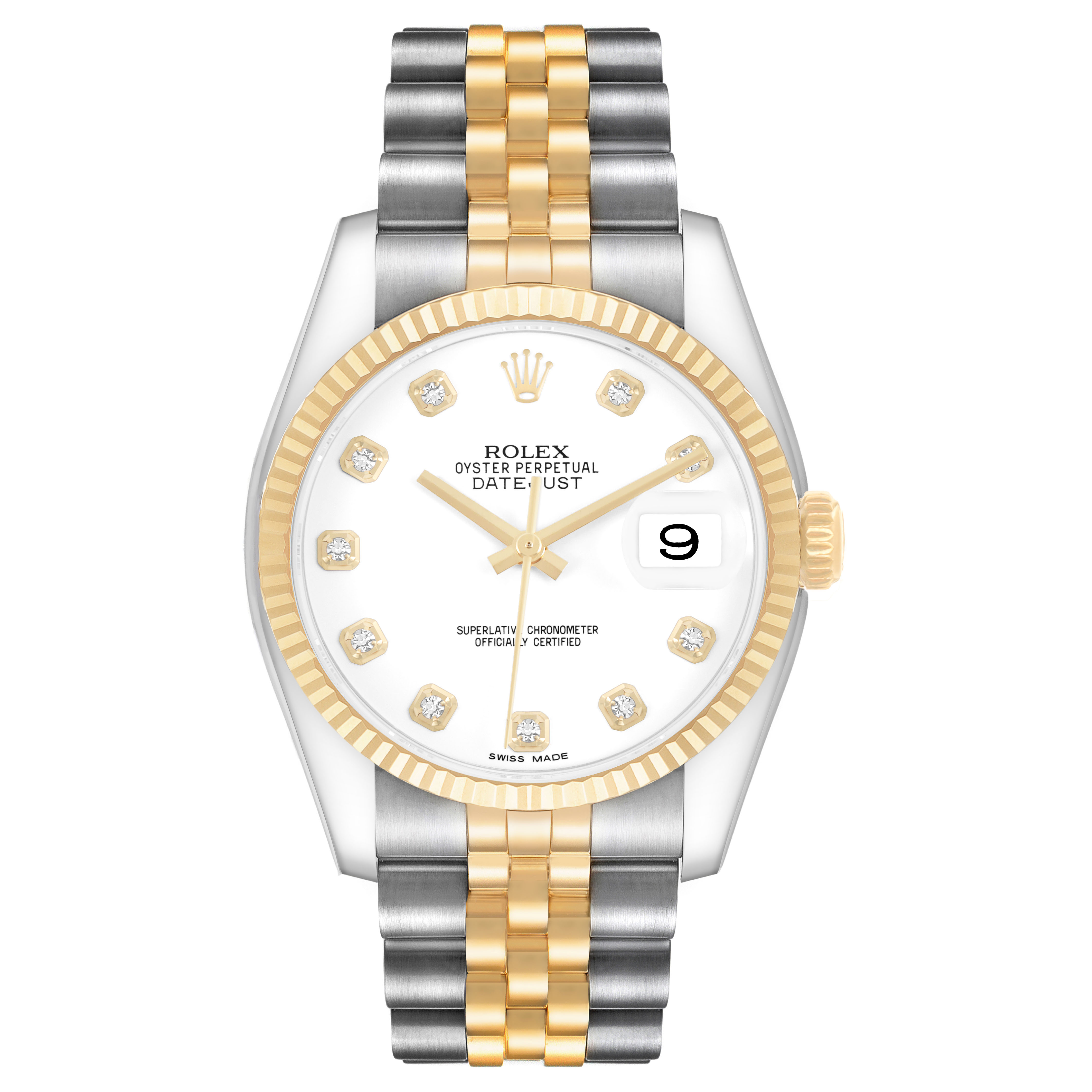 The Rolex Datejust 116233 Men's Steel and Gold (two tone) White Dial watch is shown from a front angle, highlighting its face, bezel, dial, and two-tone bracelet.
