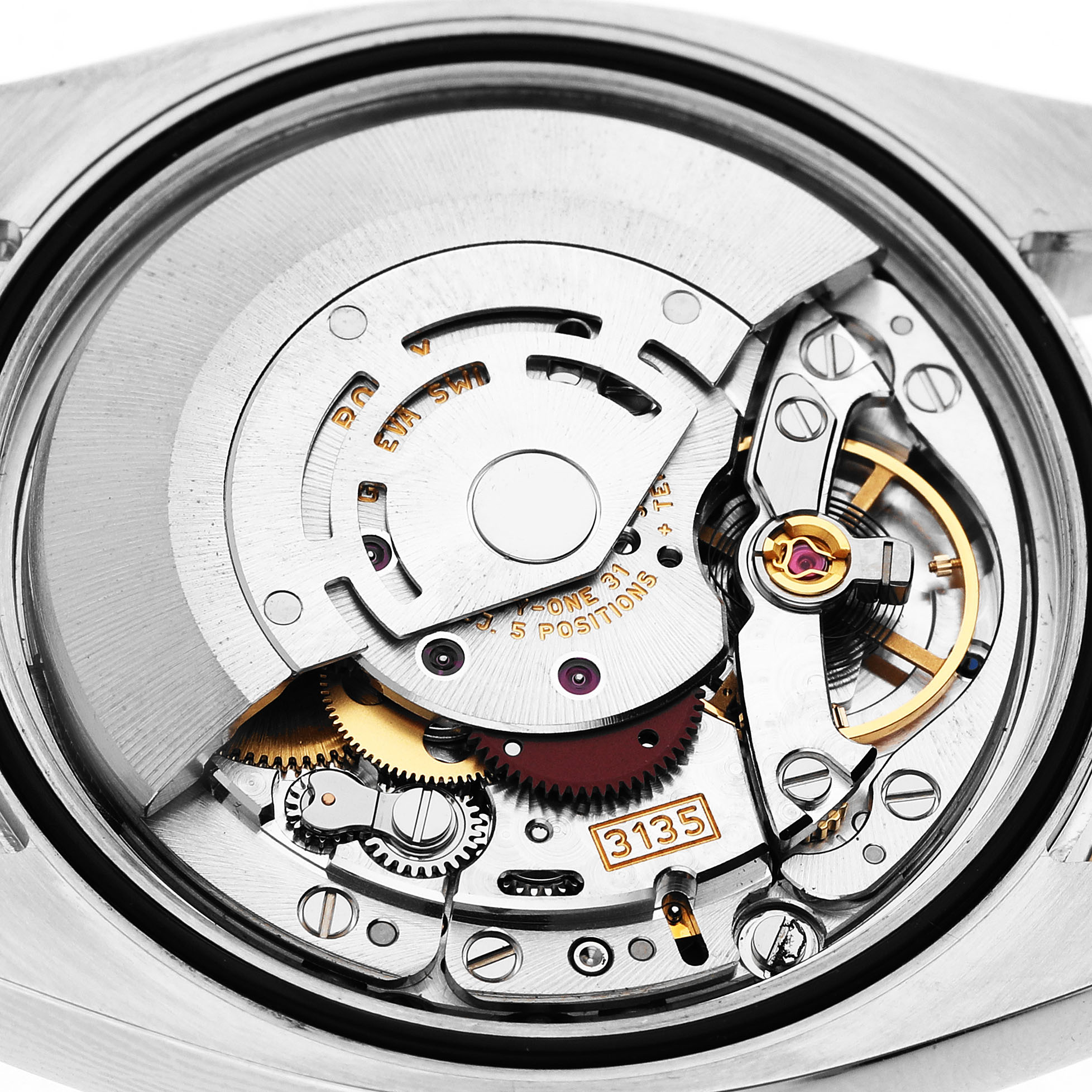 The image shows the movement of a Rolex Datejust 116233 Men's Steel and Gold (two tone) White Dial watch, highlighting internal components at a top-down angle.
