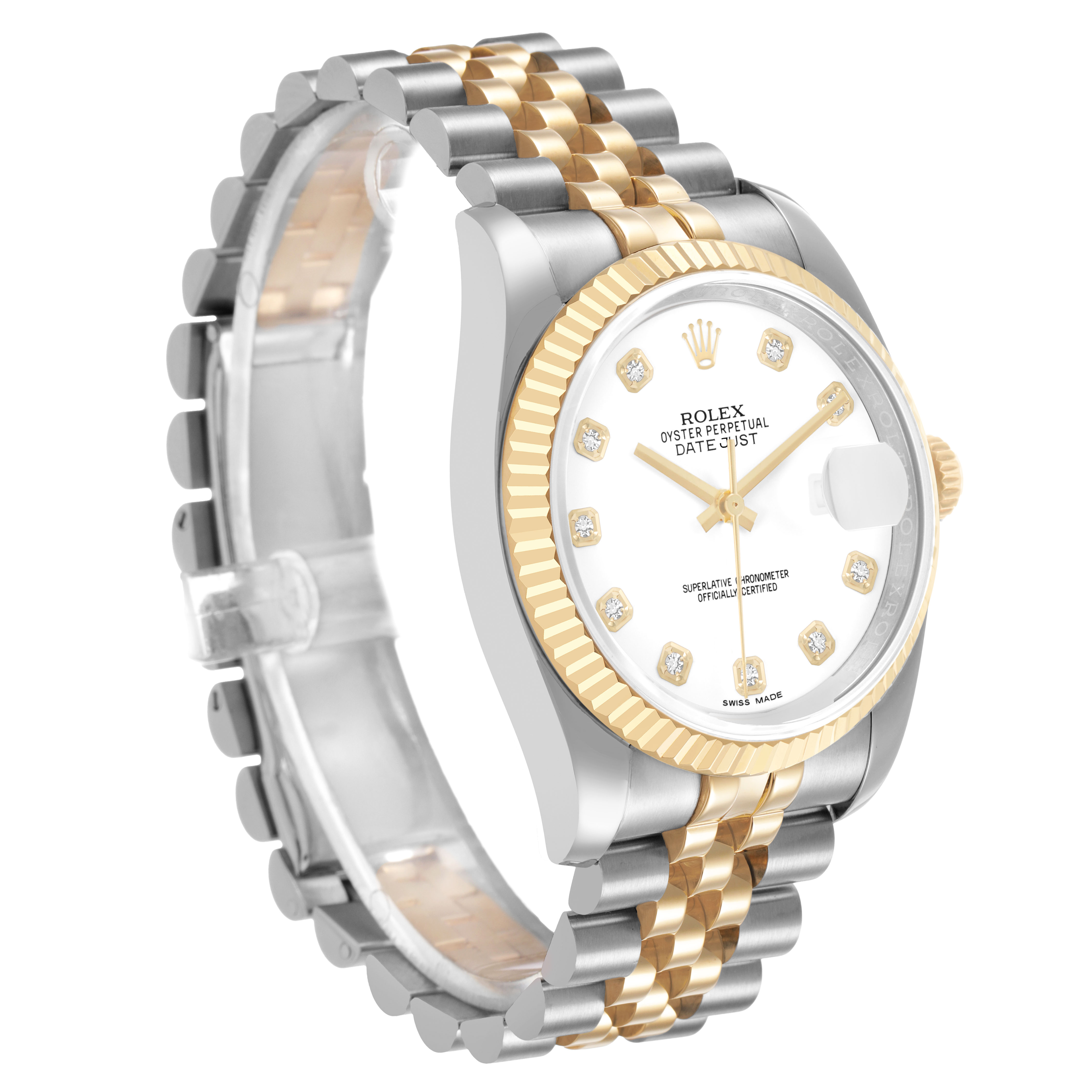 The Rolex Datejust 116233 Men's Steel and Gold (two tone) White Dial watch is shown at an angled side view, highlighting its two-tone bracelet, fluted bezel, and dial with date window.