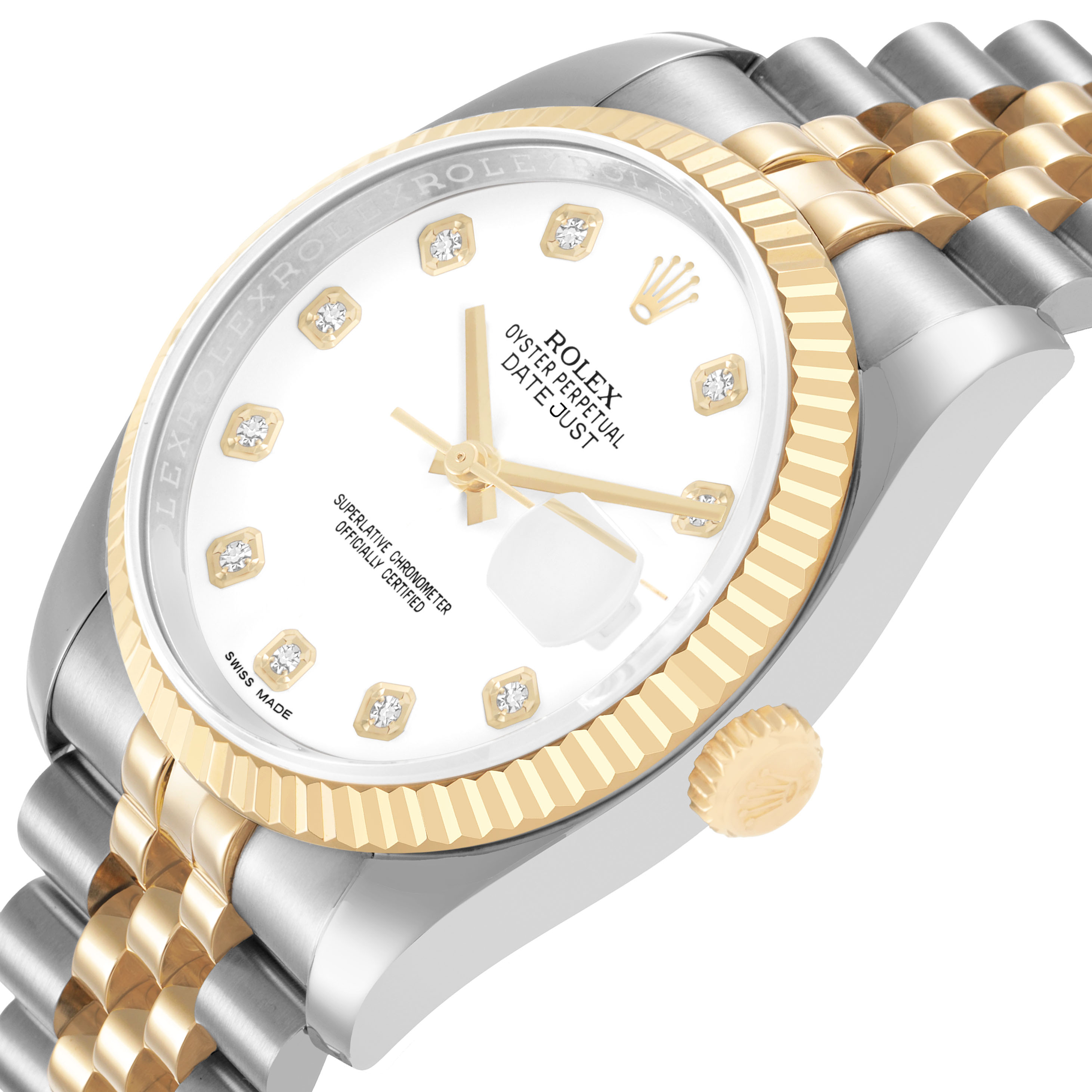The Rolex Datejust 116233 Men's Steel and Gold (two tone) White Dial watch is shown at a three-quarter angle, highlighting the dial, bezel, crown, and two-tone bracelet.
